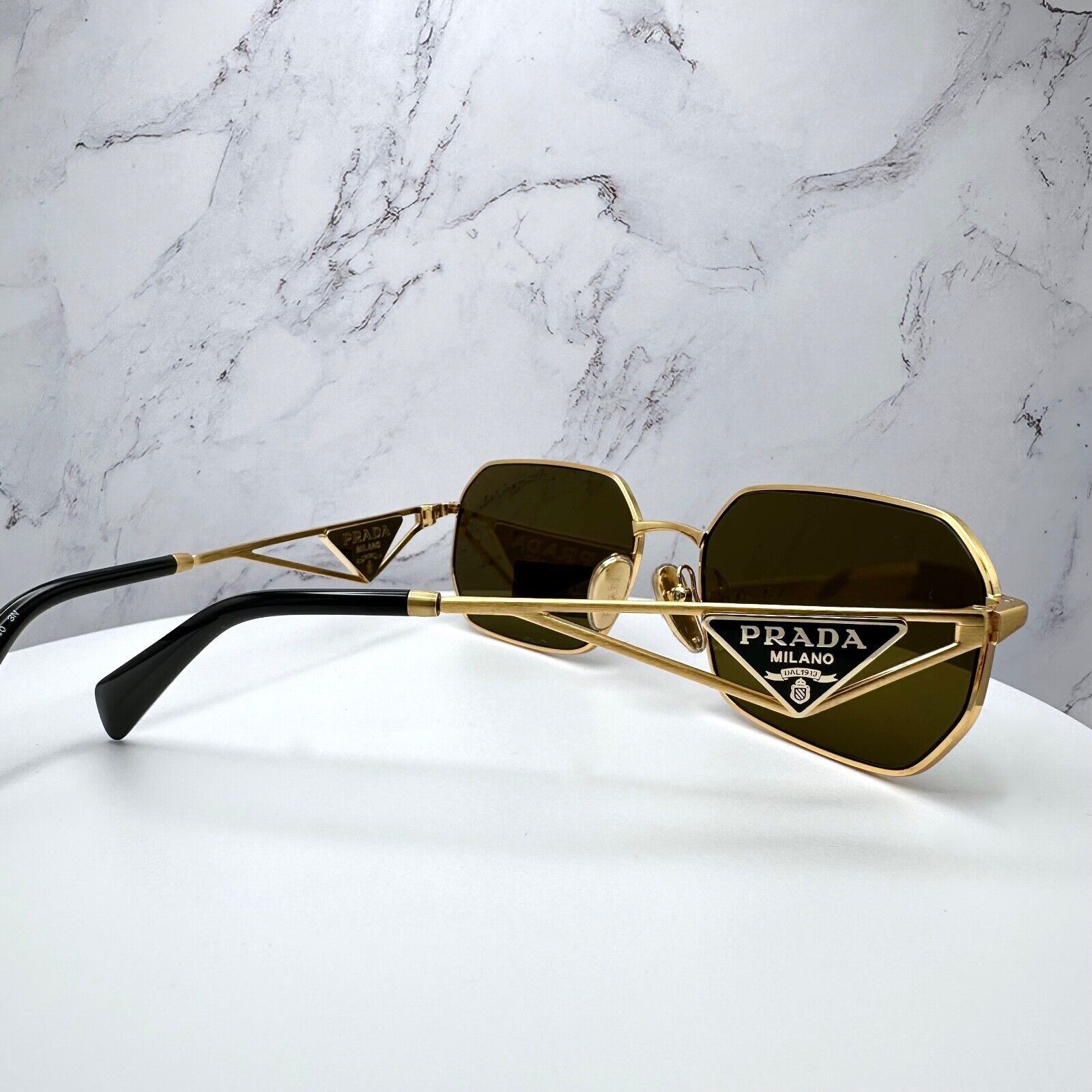New Prada Sunglasses Gold Metal Black Plaque Triangle Logo