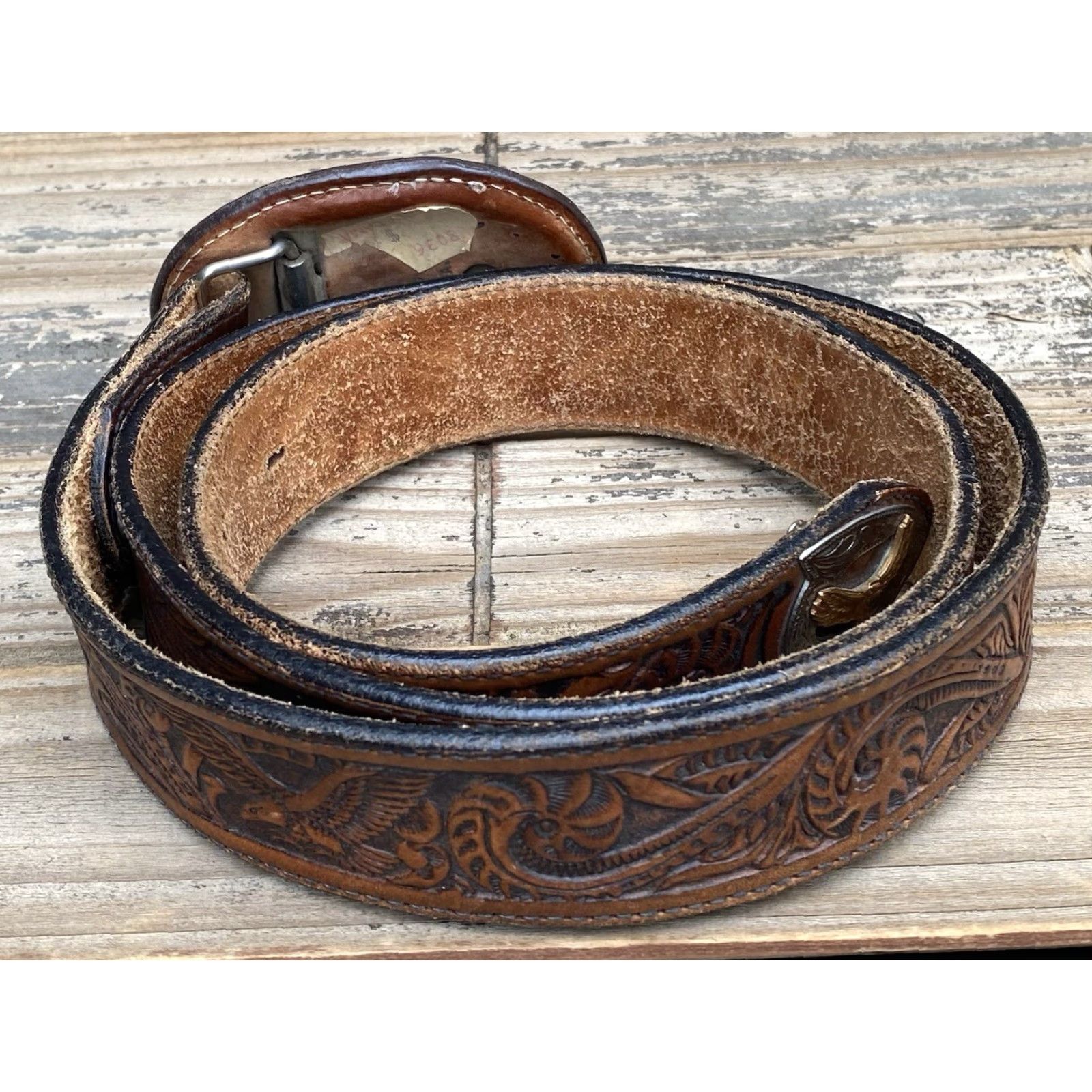 Tony Lama VINTAGE Tony Lama Belt Buckle Leather Belt Tooled Leather Belt Eagle Cowboy Core 38 Brown Unisex Adult Rockabilly 1970s Western Cowboy Theme Size ONE SIZE - 4 Thumbnail