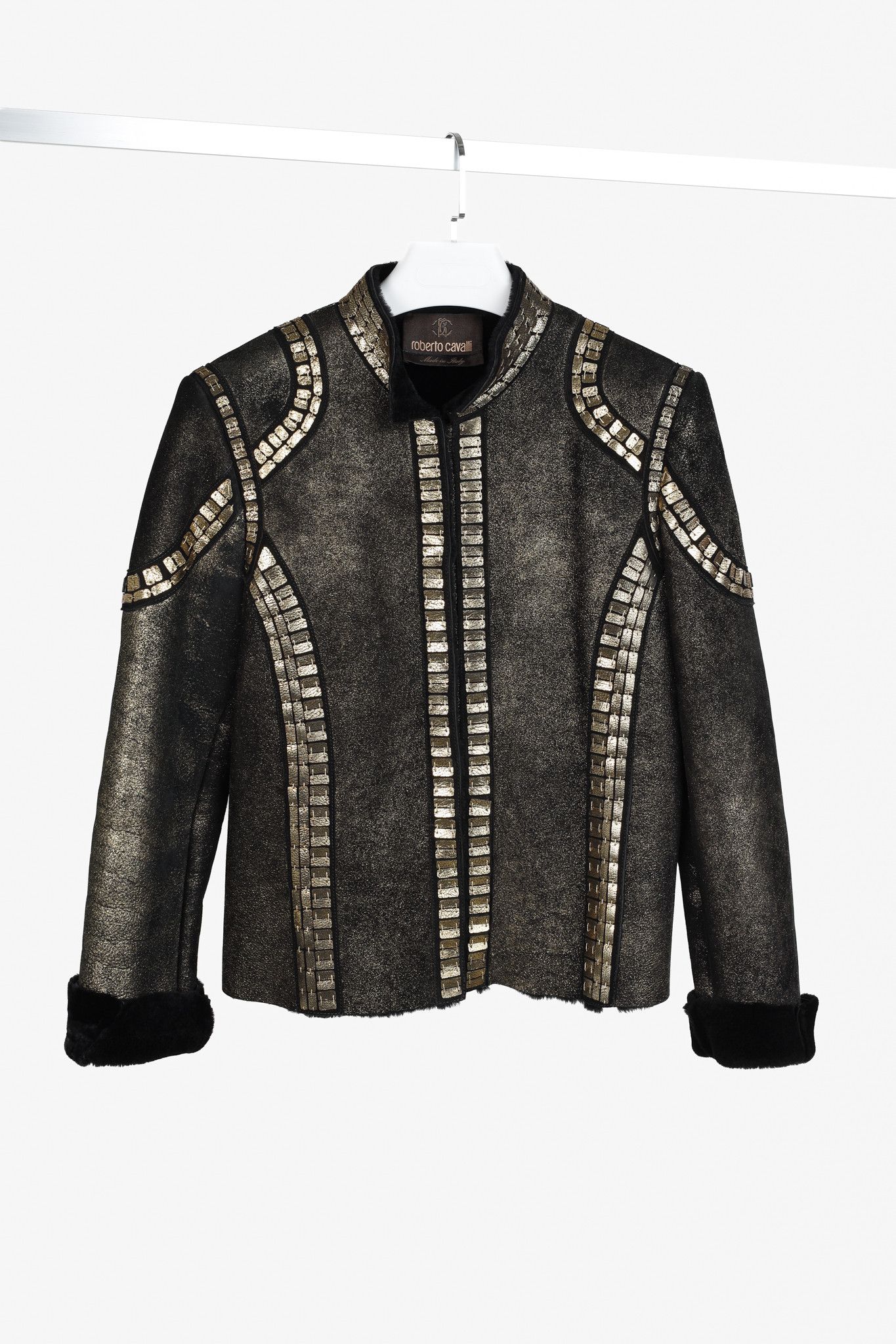 Roberto Cavalli Embellished Black Gold Sheepskin Jacket
