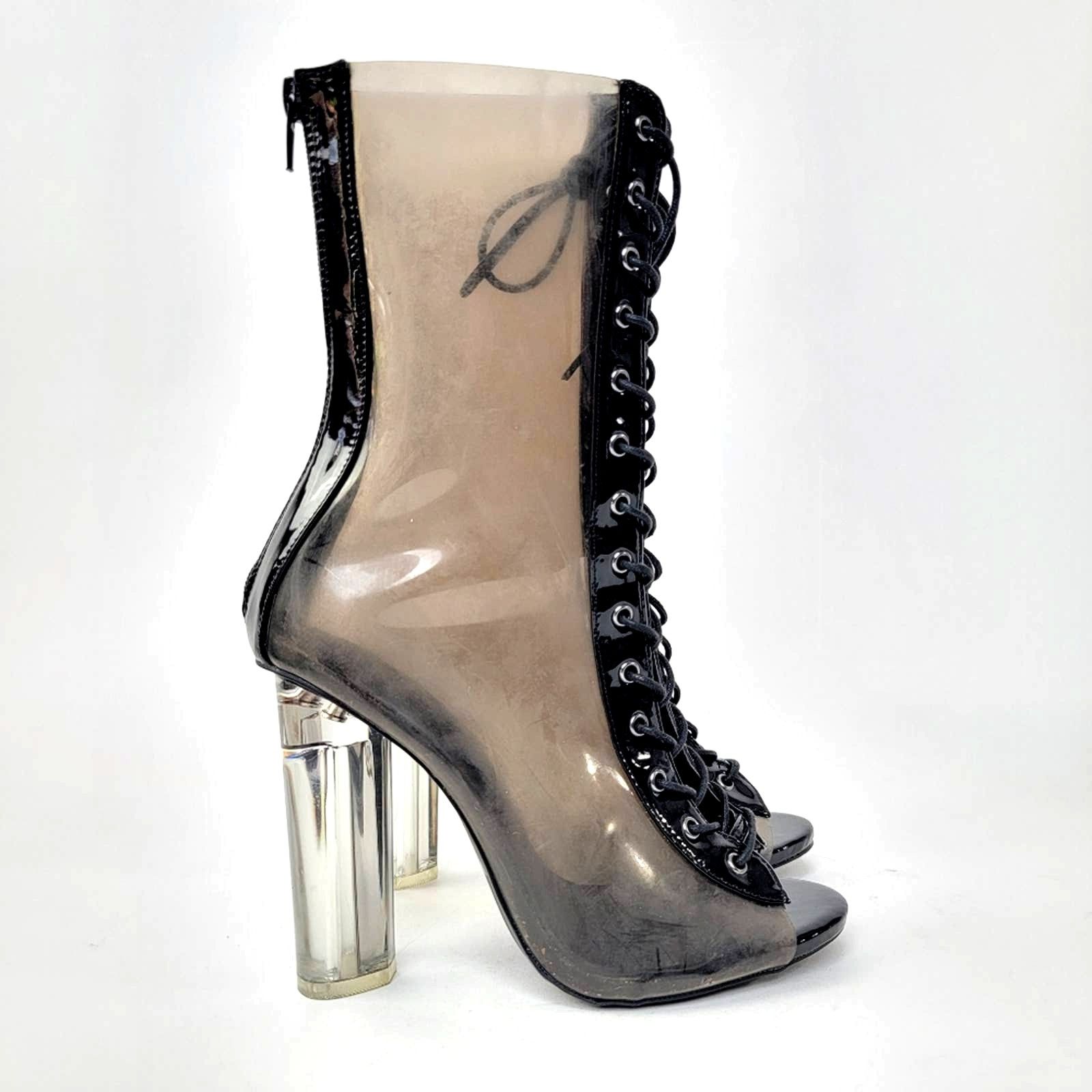 Vintage Y2k Wild Diva Clear Chunky Smoke Black Lace Up Heel Boots Size US 7.5 / IT 37.5 - 5 Thumbnail