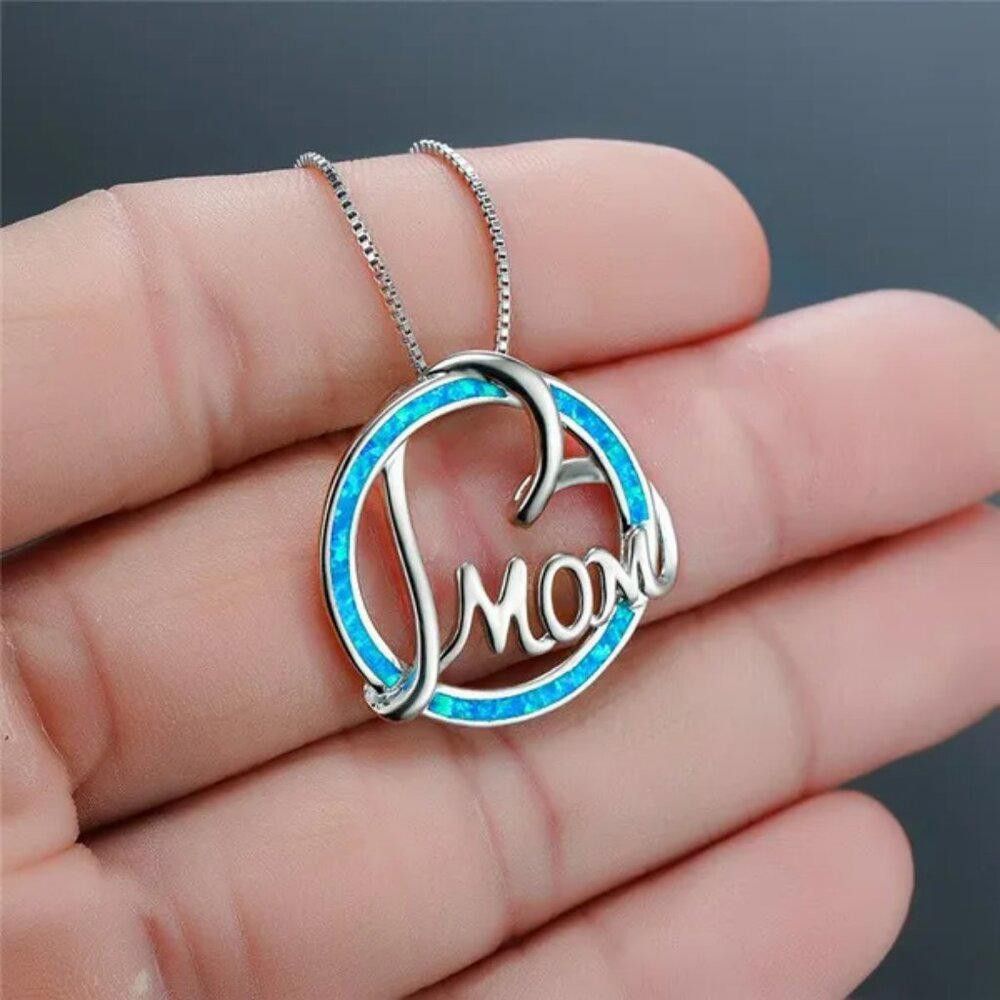 Designer Round Blue Opal Mom Heart Silver Necklace Size ONE SIZE - 8 Thumbnail