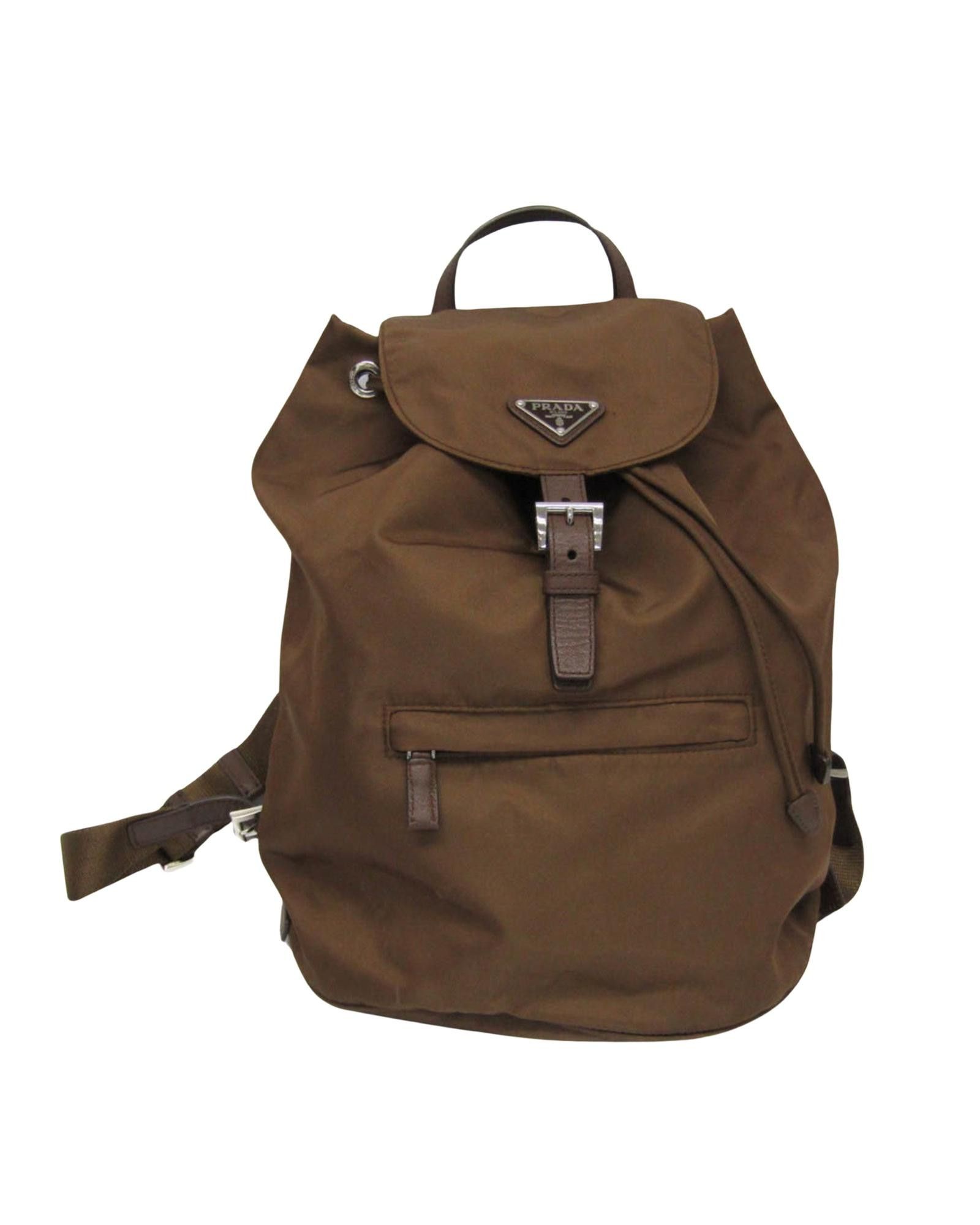image of Prada Brown Nylon And Leather Backpack, Women's