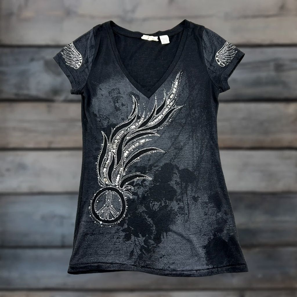 Miss Me VINTAGE Miss Me Shirt Womens M Black Short Sleeve Wings Rhinestone Bling Y2K Size M / US 6-8 / IT 42-44 - 1 Thumbnail
