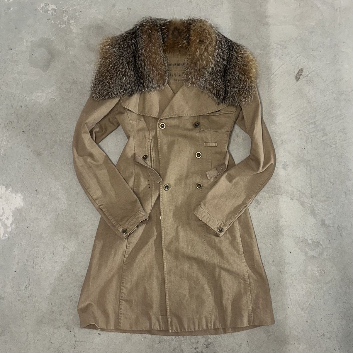 image of Miu Miu Canvas Trench With Fox Fur Collar in Brown, Women's (Size XS)