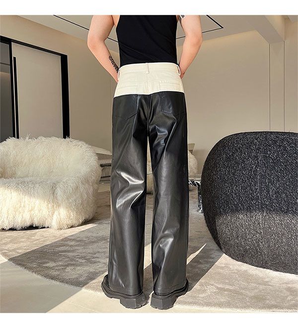 Jean × Leather Denim Matching PU Leather Straight Pants Size US 31 - 5 Thumbnail