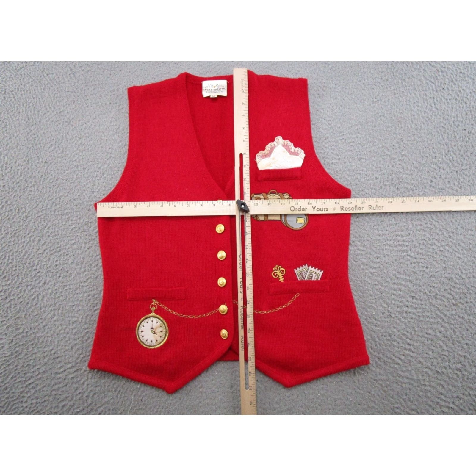 Vintage VINTAGE Susan Bristol Embroidered Pocket Watch Sweater Vest Shirt Womens M Red 90s Knit Cotton Embroidered Vest 90s Womens Vintage 1992 Size M / US 6-8 / IT 42-44 - 6 Thumbnail