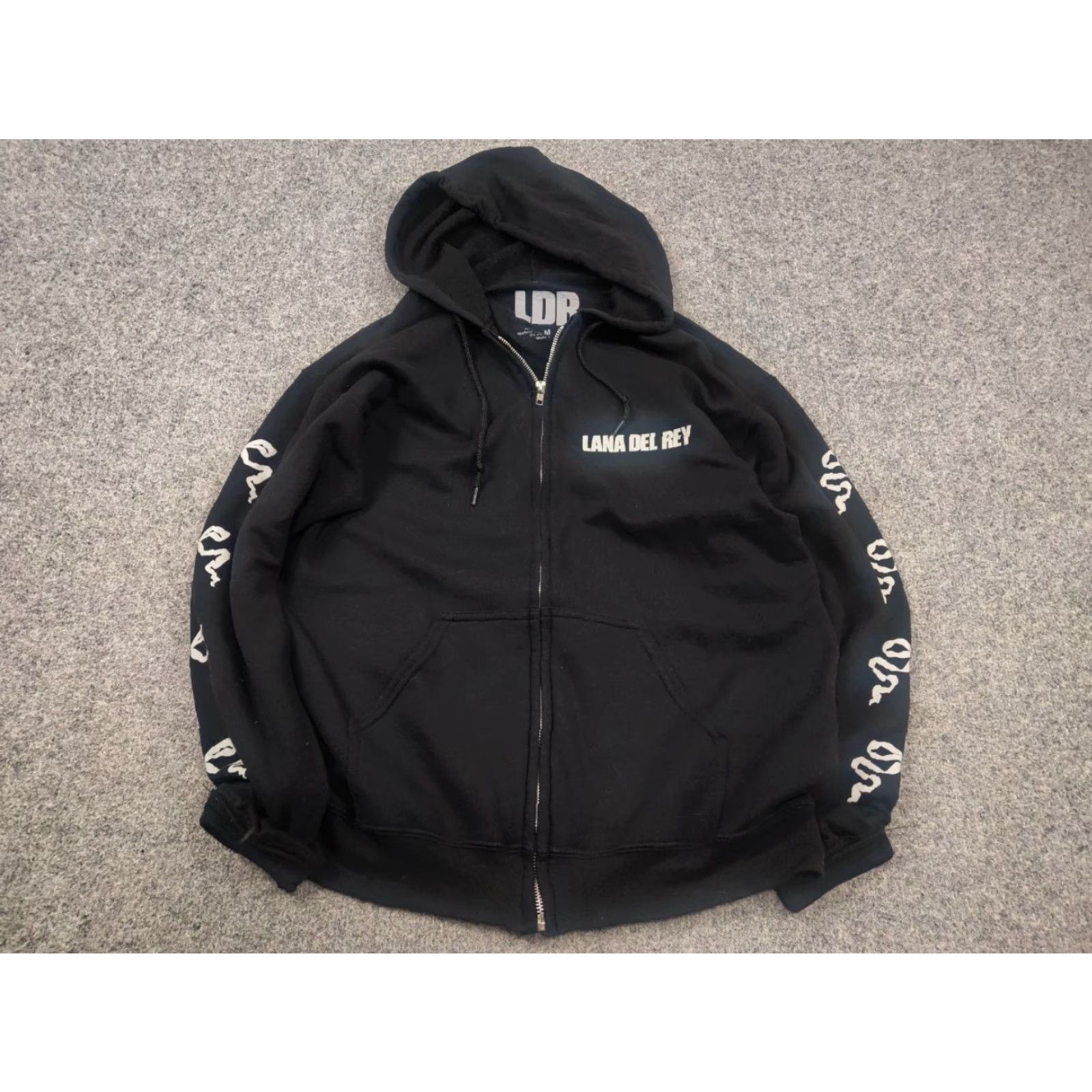 Vintage Lana Del Rey Black Zip Hoodie With Ribbon Sleeves Vintage Y2K glamour Style LGB Hoodie M Black Cotton Graphic Print 80s 90s WomensMens Size US M / EU 48-50 / 2 - 3 Thumbnail