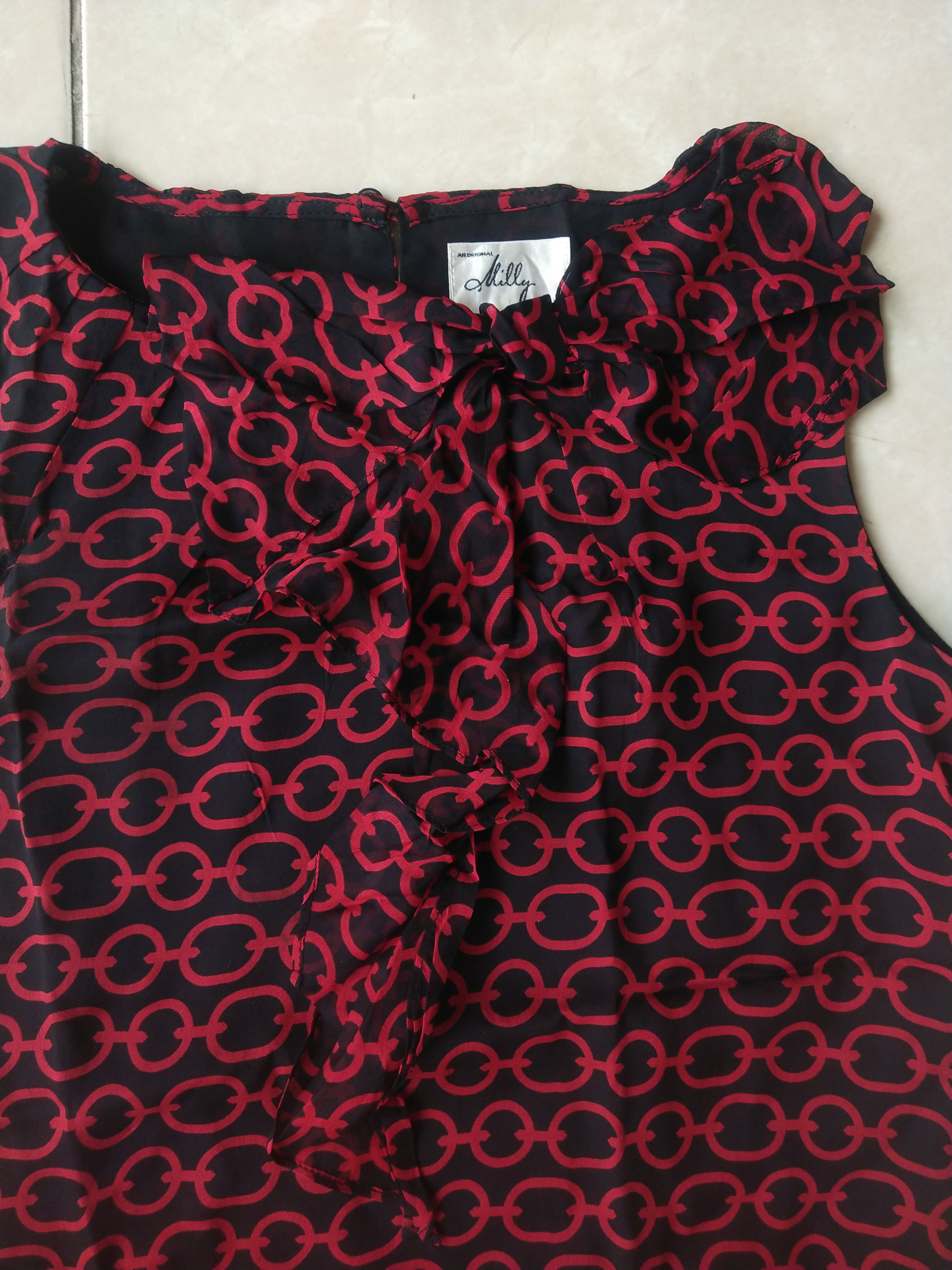 MILLY Milly of New York Silk Red Chain Print Ruffle Blouse Top Size S / US 4 / IT 40 - 2 Thumbnail