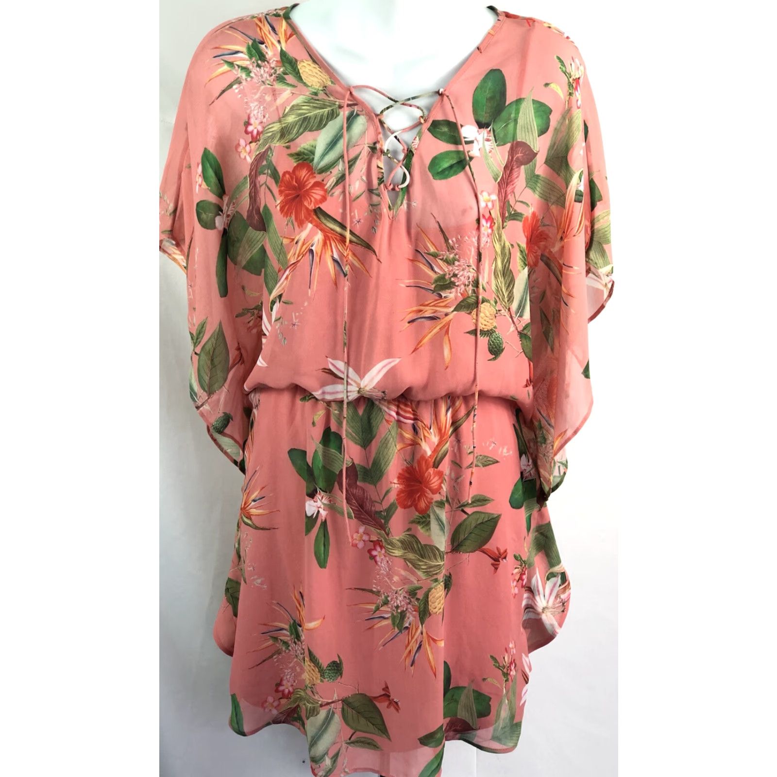 Express Express Pink Floral Chiffon Mini Dress M Short Sleeve V-Neck Lace Up Beach Hippie Tropical Girls Womens Dress Size M / US 6-8 / IT 42-44 - 2 Thumbnail