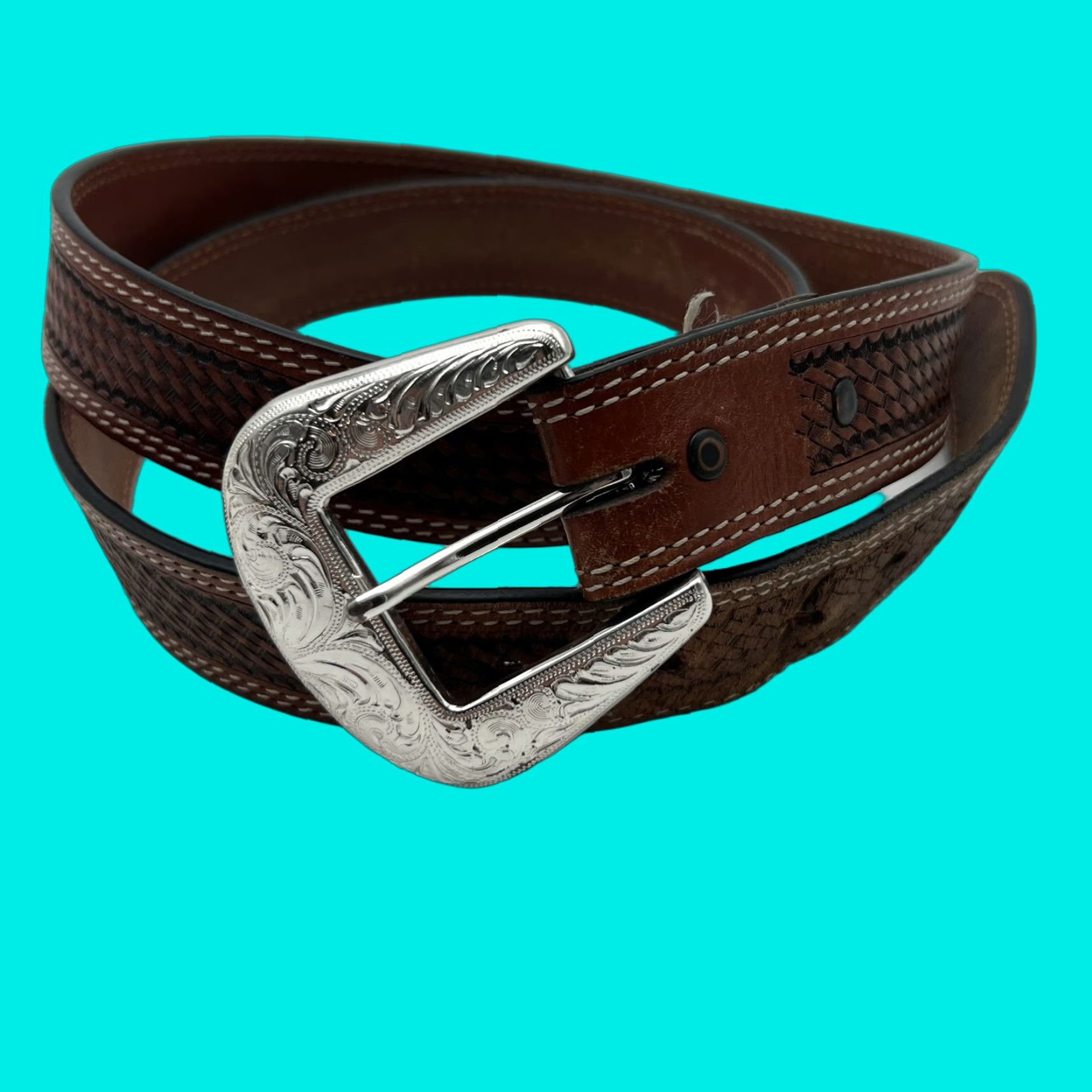 VINTAGE Teal Woven Leather Belt Vintage Boho Woven Blue and Green Braided Fabric Belt With  main image 3