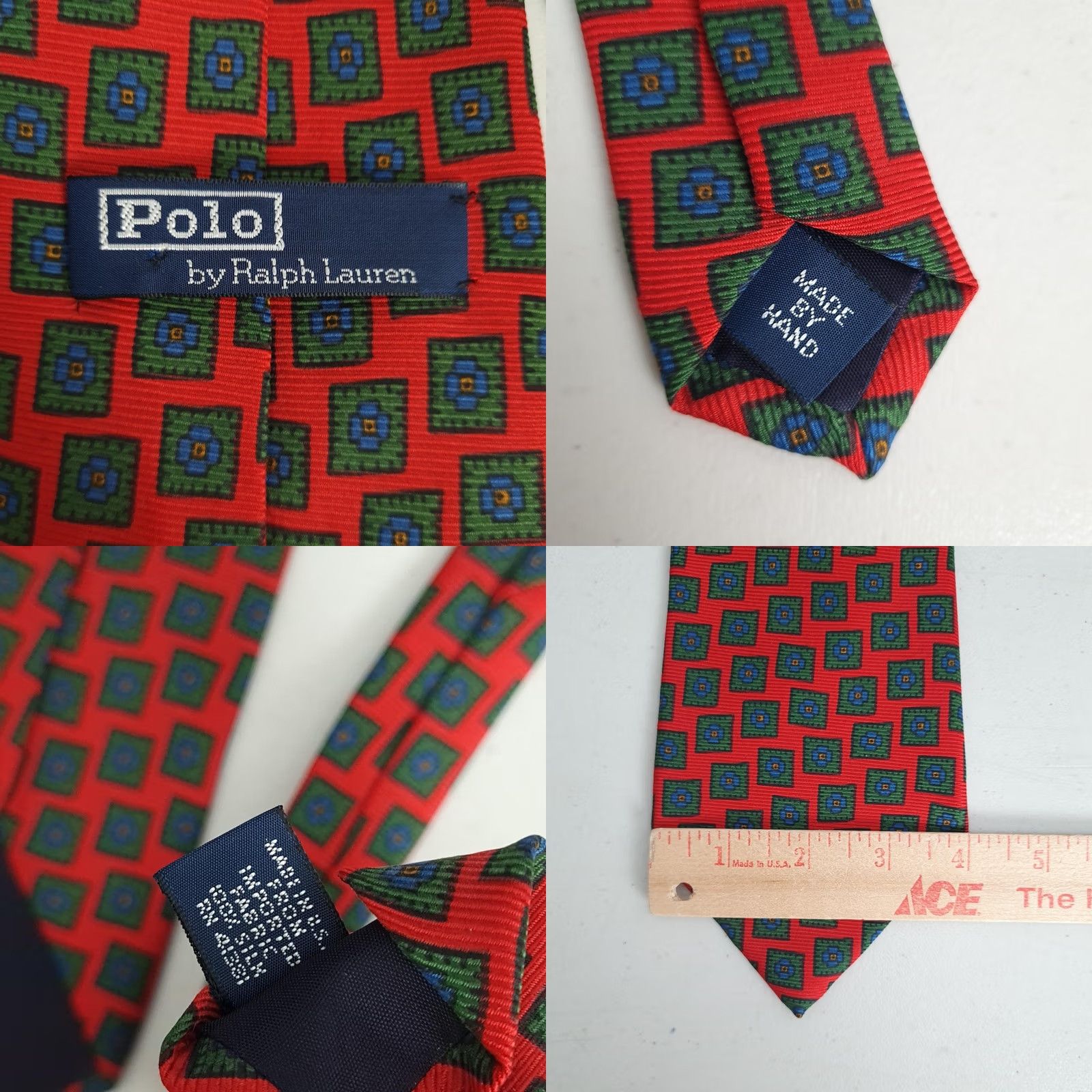 Polo Ralph Lauren Polo by Ralph Lauren Tie Mens One Size Red Geometric Square Print Silk Handmade Size US M / EU 48-50 / 2 - 8 Thumbnail