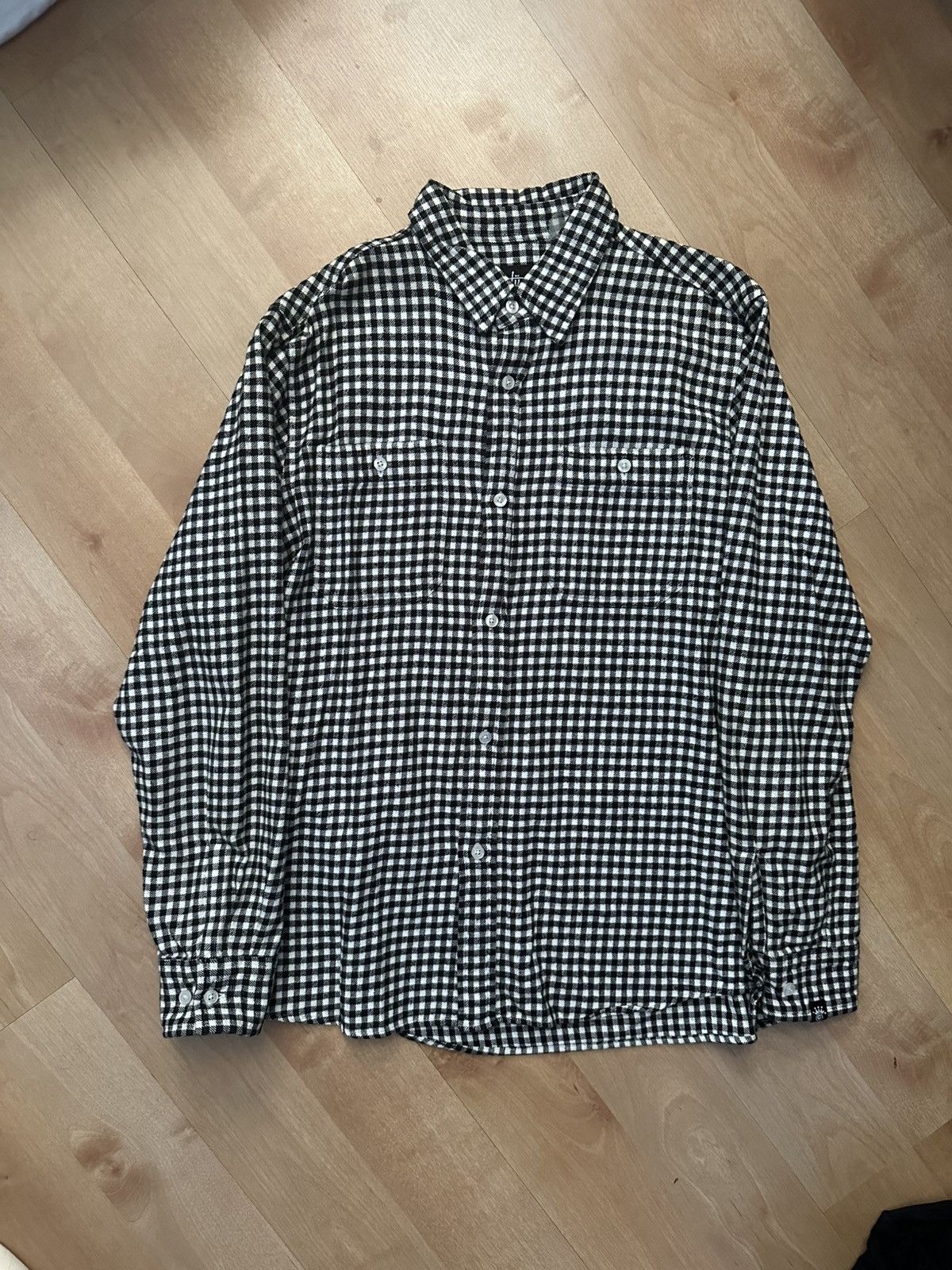 トップス 90s OLD stussy small check shirt cboy VINTAGE) 1990'S MADE IN USA OLD STUSSY NAVY TAG CHECKERED