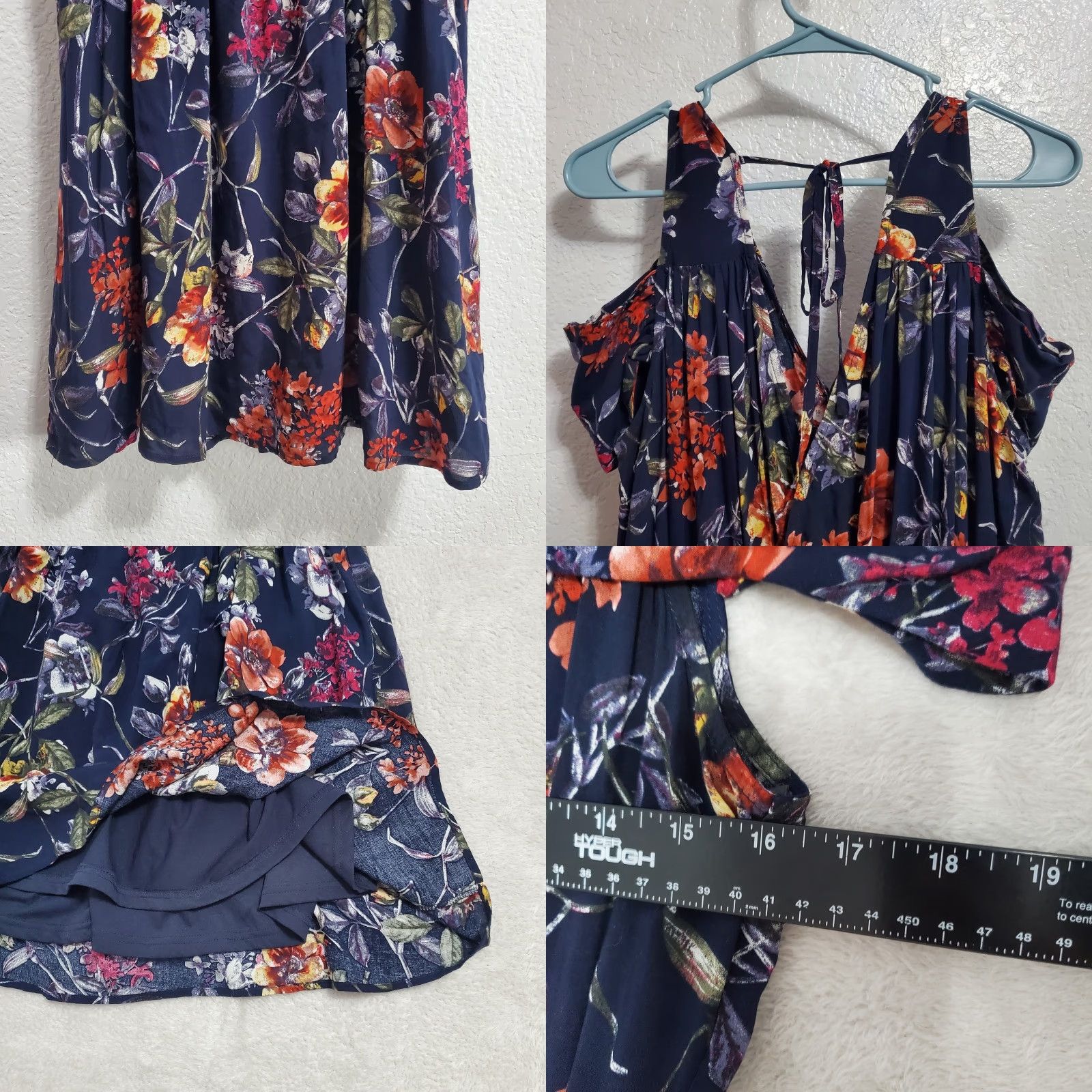 Vintage VINTAGE Entro Dress Women M Blue Floral Faux Wrap Cold Shoulder Elastic Waist Lined Boho Size M / US 6-8 / IT 42-44 - 8 Thumbnail