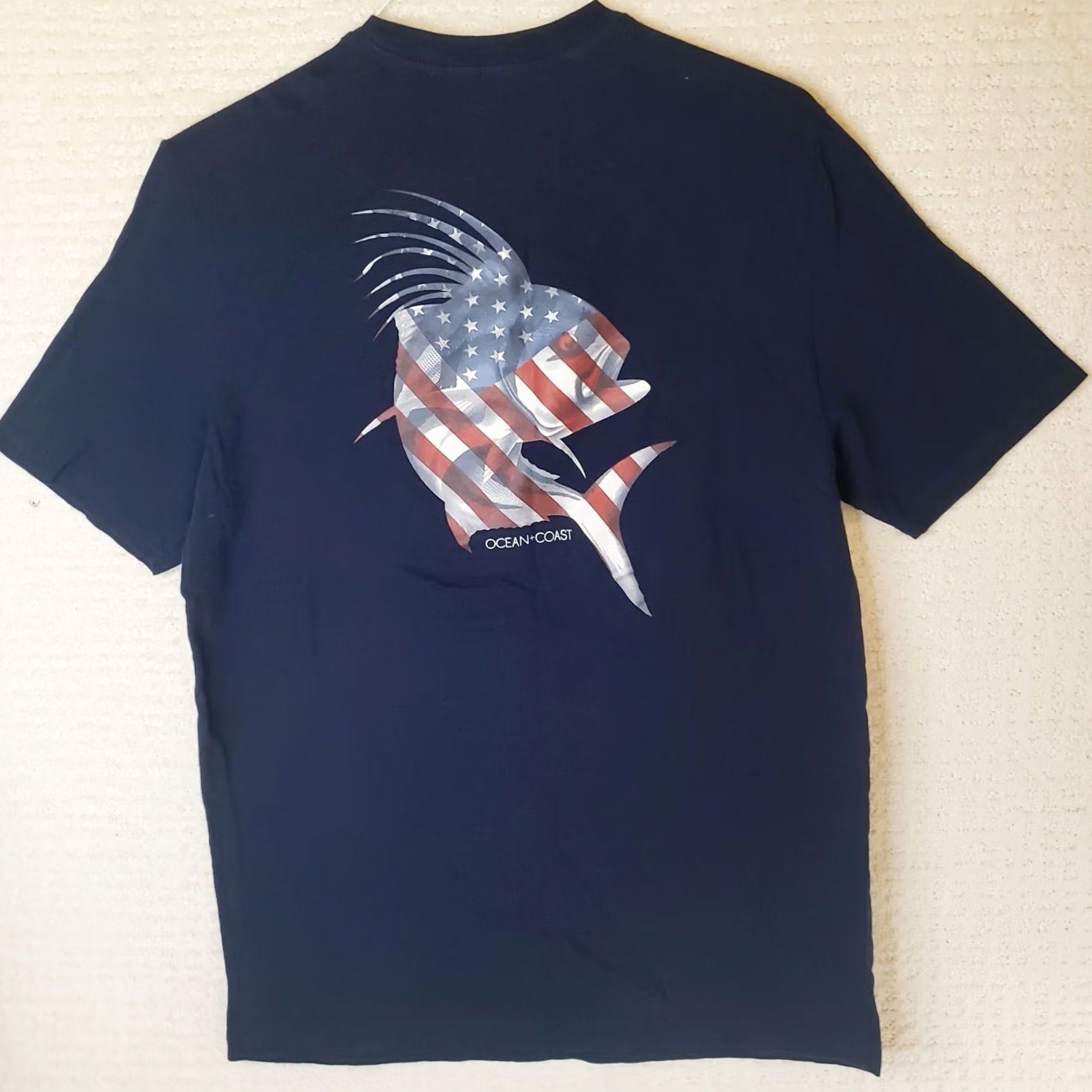 Vintage Ocean + Coast Mens S Navy Blue SS T-Shirt American Flag Roosterfish Size US S / EU 44-46 / 1 - 5 Thumbnail