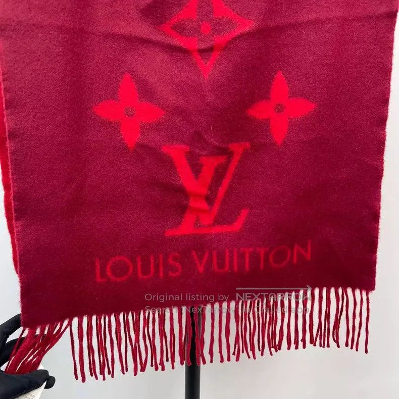 Louis Vuitton Louis Vuitton Burgundy Full Print Cashmere Reversible Frin Size ONE SIZE - 5 Thumbnail