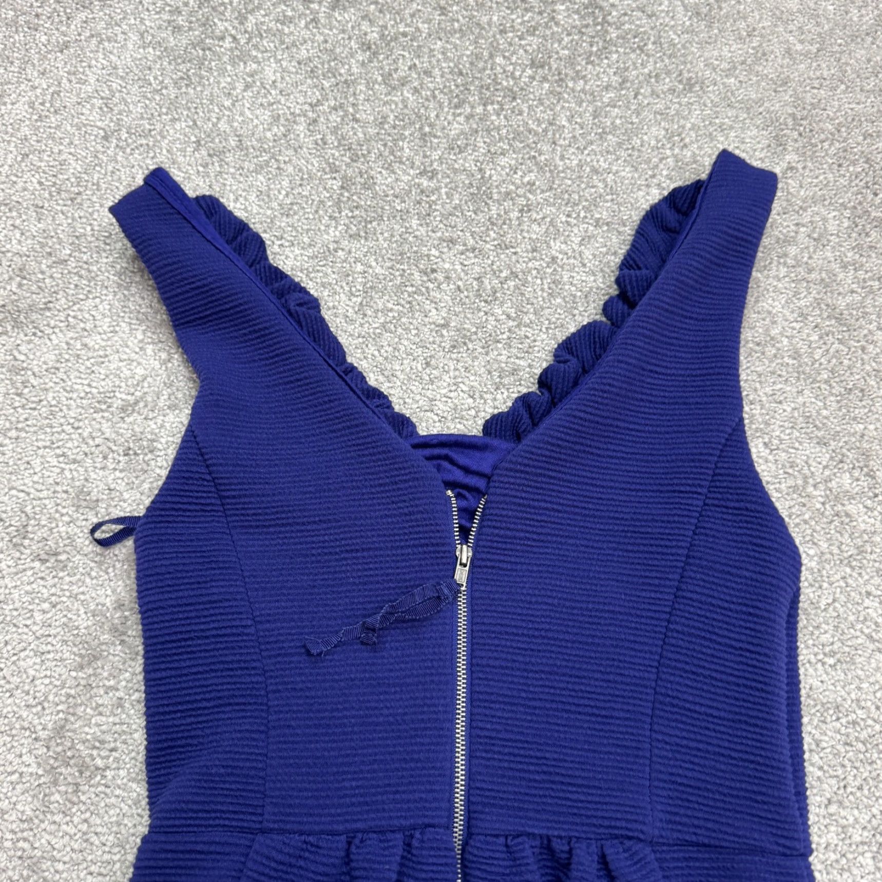 Anthropologie Maeve Anthropologie V-Neck Mini Sheath Dress Womens XS Blue Ruffle Hem Sleeveless Knit Polyester Spandex Casual Workwear Solid Short Dress Size XS / US 0-2 / IT 36-38 - 3 Thumbnail