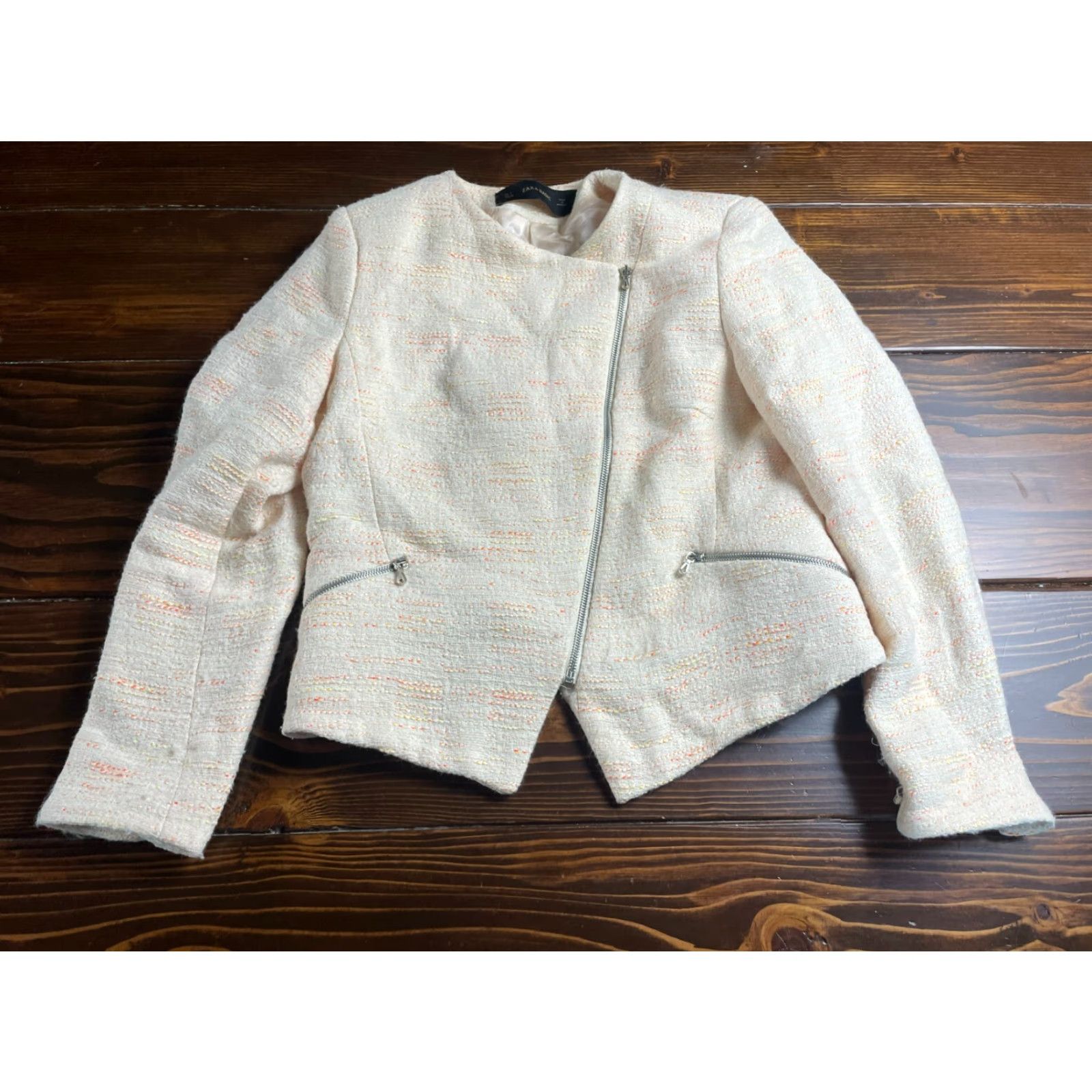 Zara Zara Jacket Women's Size L Casual Travel Cotton Blend Zip Asymmetrical Neck Yellow Cream Neon Orange Yellow Regular Long Sleeve Jacket Size L / US 10 / IT 46 - 2 Thumbnail