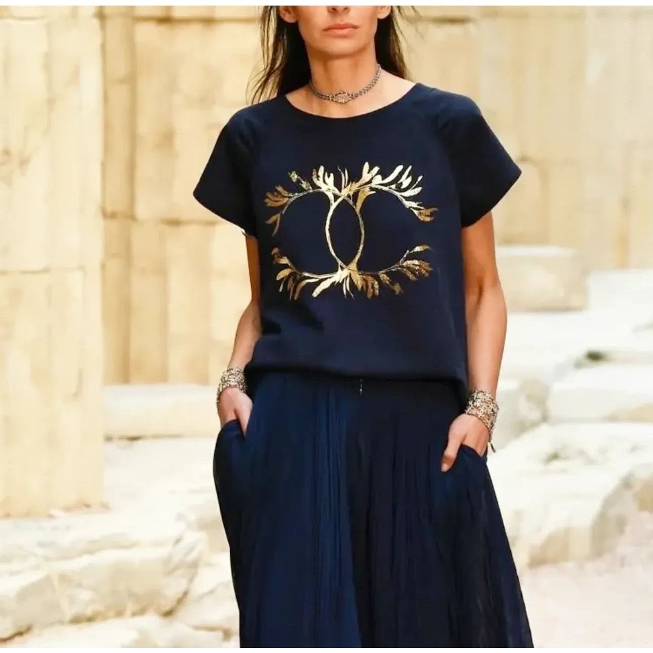 Chanel Chanel Navy Blue Grecian CC Print Cotton T-Shirt Sz.S Size S / US 4 / IT 40 - 1 Thumbnail