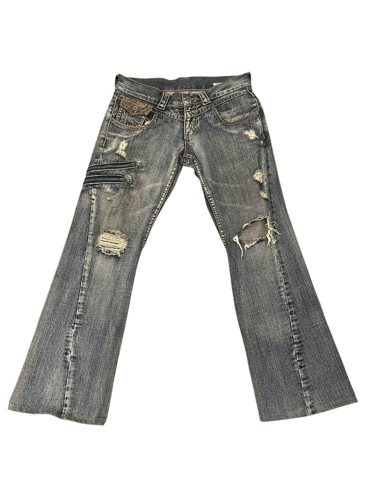 Japanese Brand Flare Jeans Semantic Design Distress Python Low Rise 2🟦 Size US 33 - 2 Thumbnail