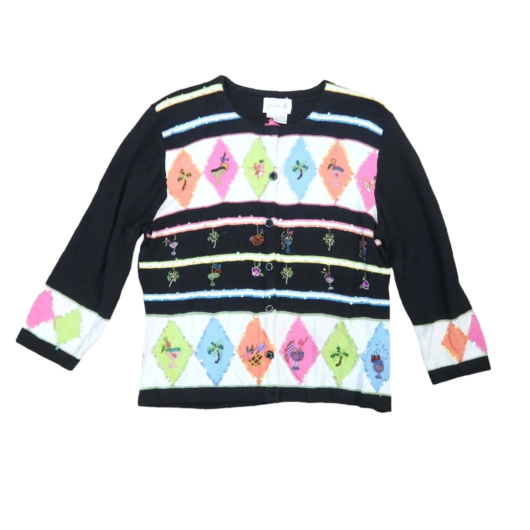 Black Diamond VINTAGE 90s Just B Cardigan Sweater Diamond Beaded Knit Cotton Rayon Black L Womens Size L / US 10 / IT 46 - 6 Thumbnail