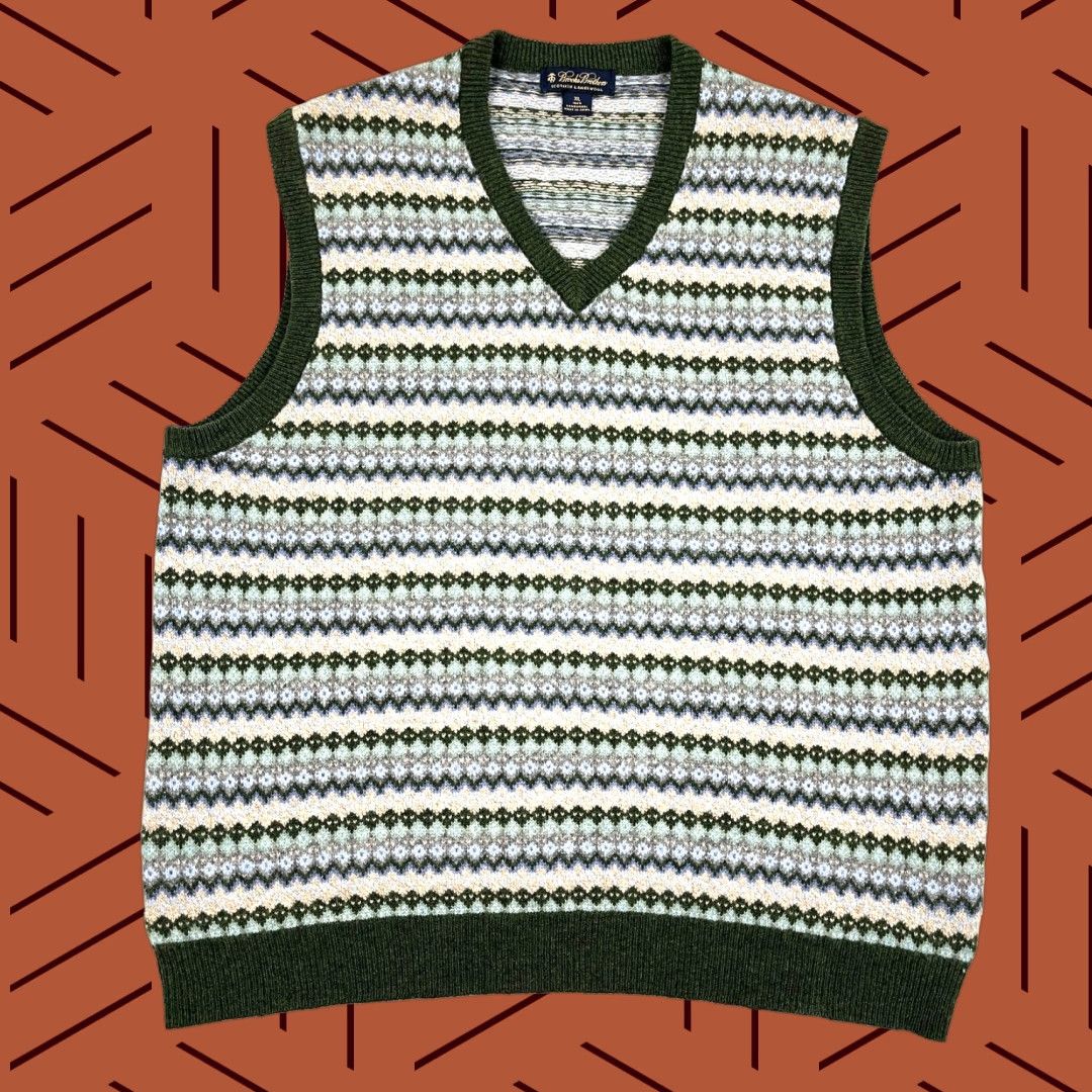Brooks Brothers Brooks Brothers Vest Sweater Mens XL Green Fair Isle Wool Knit V-Neck Classic Preppy All Seasons Lightweight Breathing Size US XL / EU 56 / 4 - 1 Thumbnail