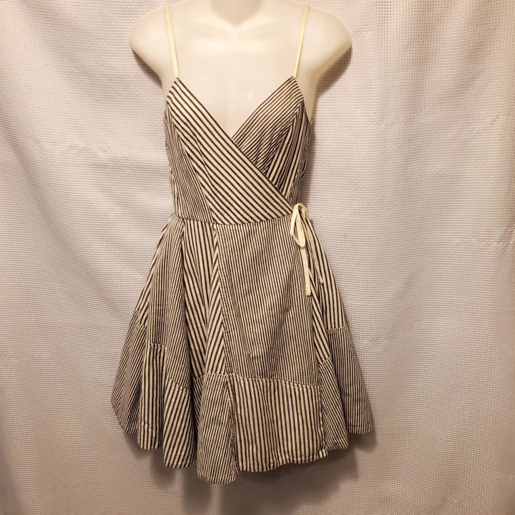 Allsaints All Saints Celestina Linen Wrap Dress Sz 8 Blue And Cream Ticking Strip *READ Size M / US 6-8 / IT 42-44 - 3 Thumbnail