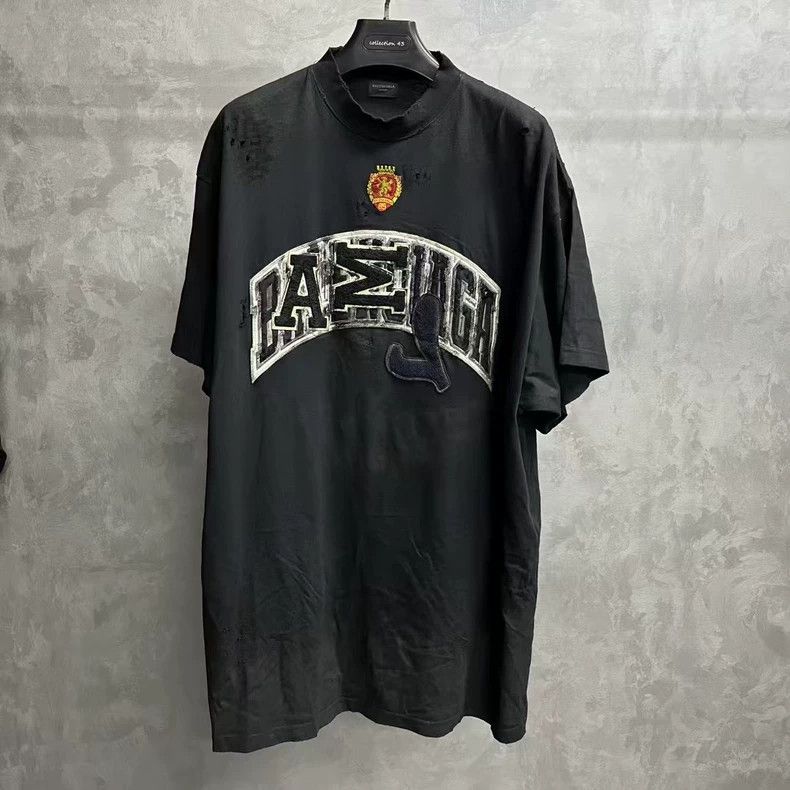 Balenciaga Black letter embroidery badge round neck short