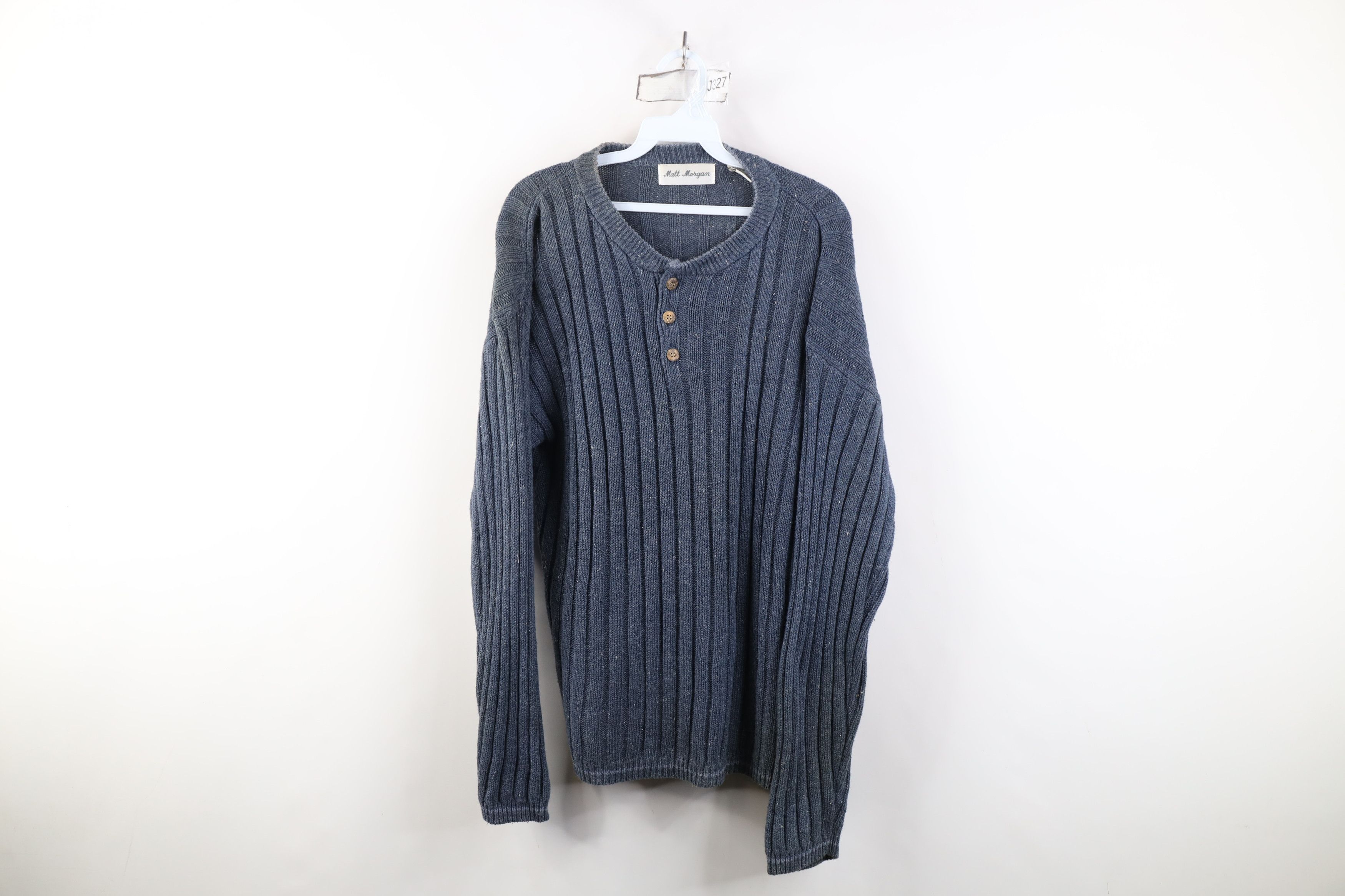 Vintage Vintage 90s Streetwear Ribbed Knit Henley Sweater Blue Size US M / EU 48-50 / 2 - 1 Thumbnail