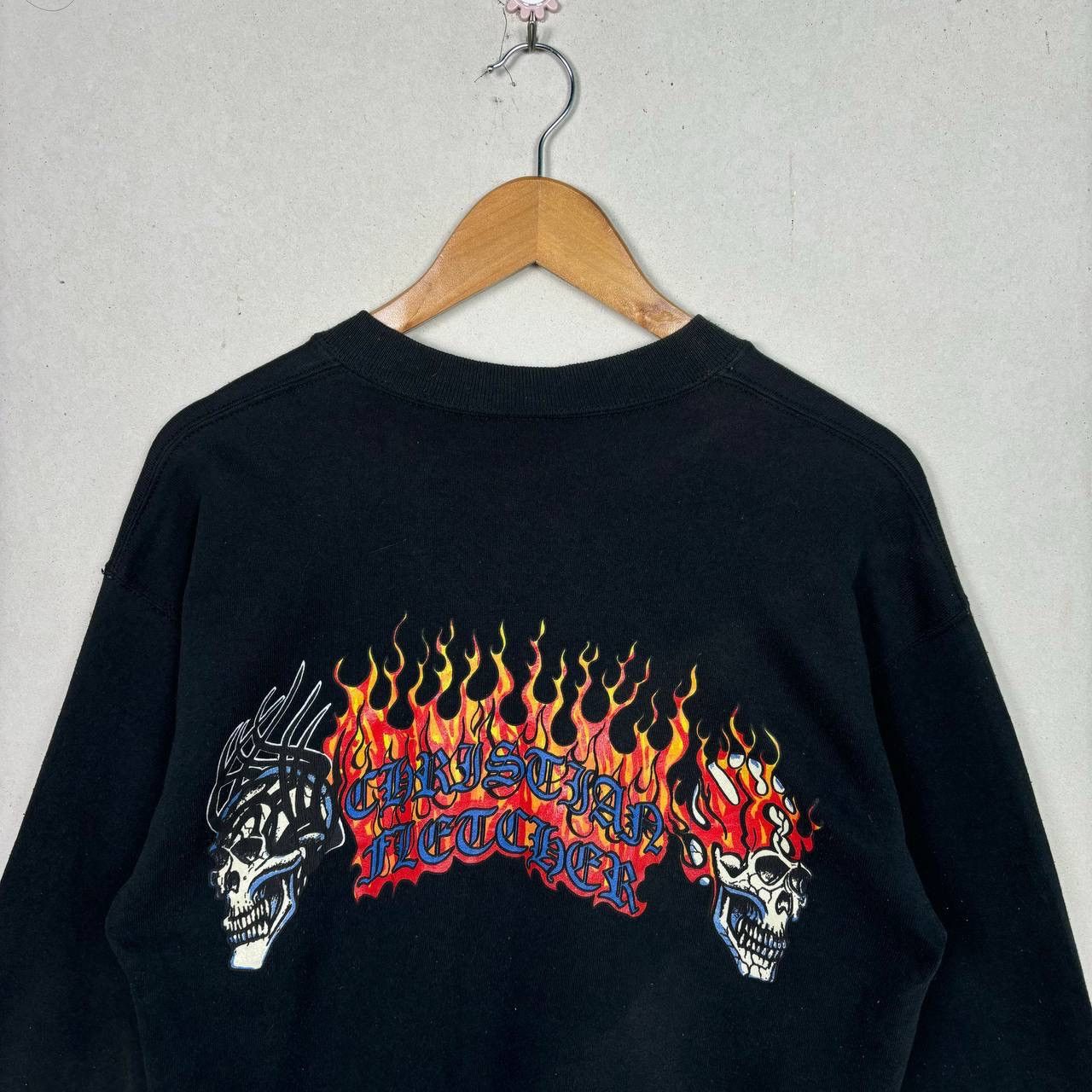 Vintage Vintage 90s Christian Fletcher Skull Flame Sweatshirt L USA Size US L / EU 52-54 / 3 - 3 Thumbnail