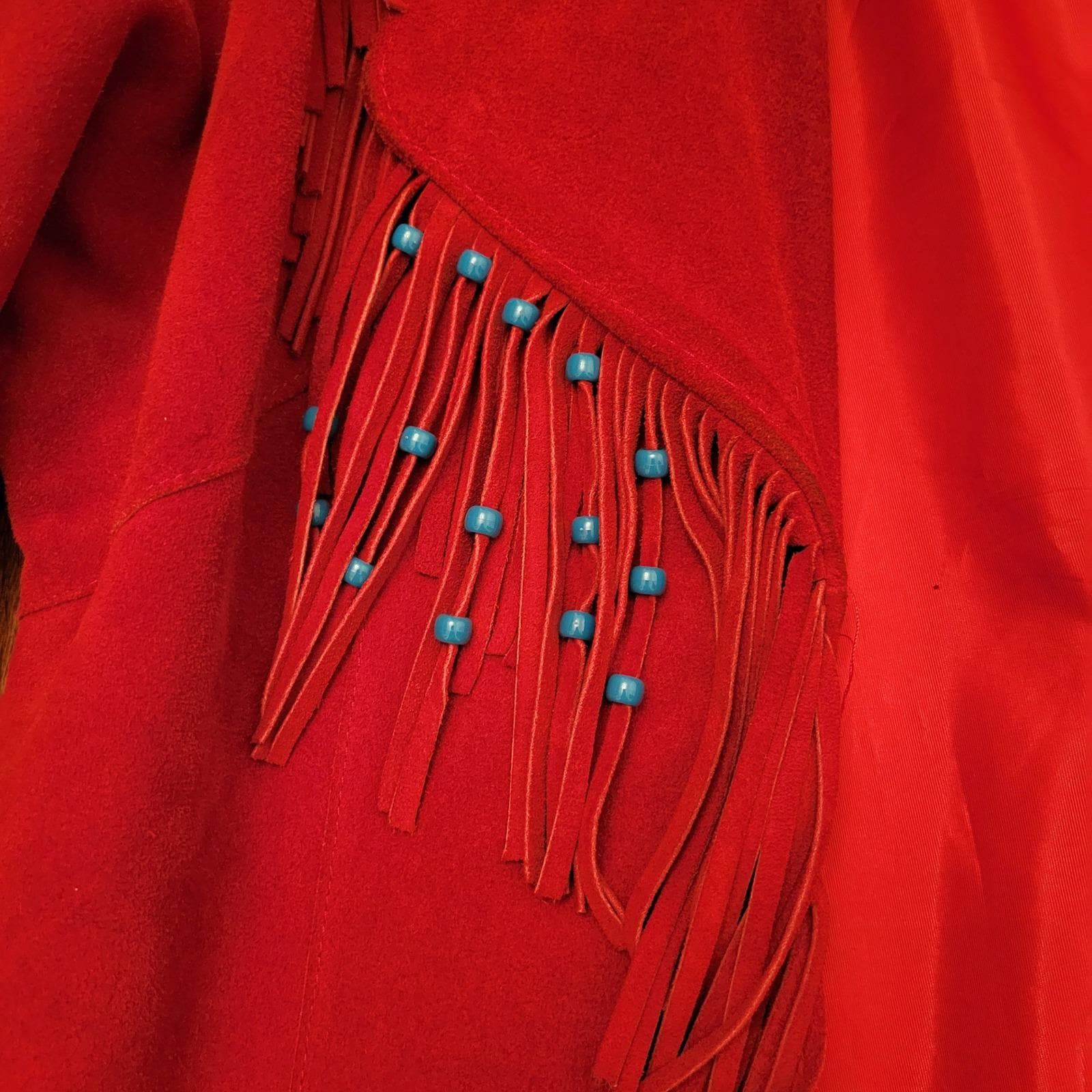Vintage M Red Suede Fringe Beaded Show Jacket Western Boho Leather Size M / US 6-8 / IT 42-44 - 2 Thumbnail