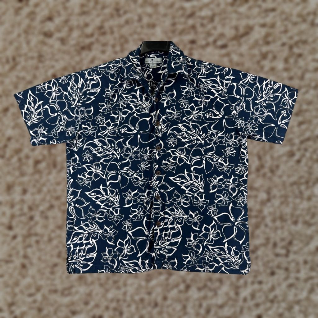 Vintage Island Tropics Button-Up Shirt Adult Large Blue Floral Palm Pattern Cotton Hawaiian Size US 33 - 1 Thumbnail