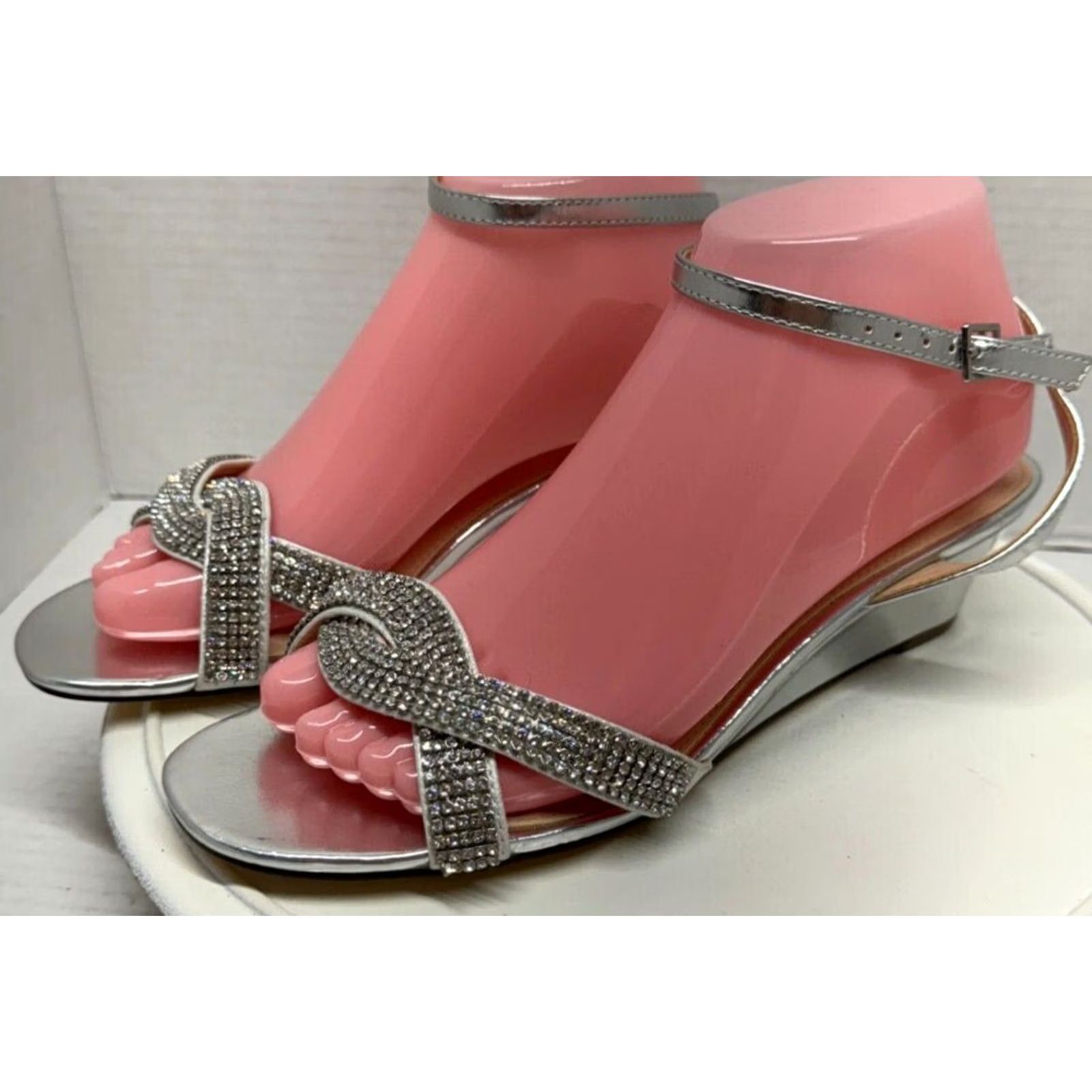 Vintage Nina New York Womens Silver Wedge Rhinestone Ankle Strap Open Toe Heels 8M 38 - USA Size 6 Size US 6 / IT 36 - 7 Thumbnail