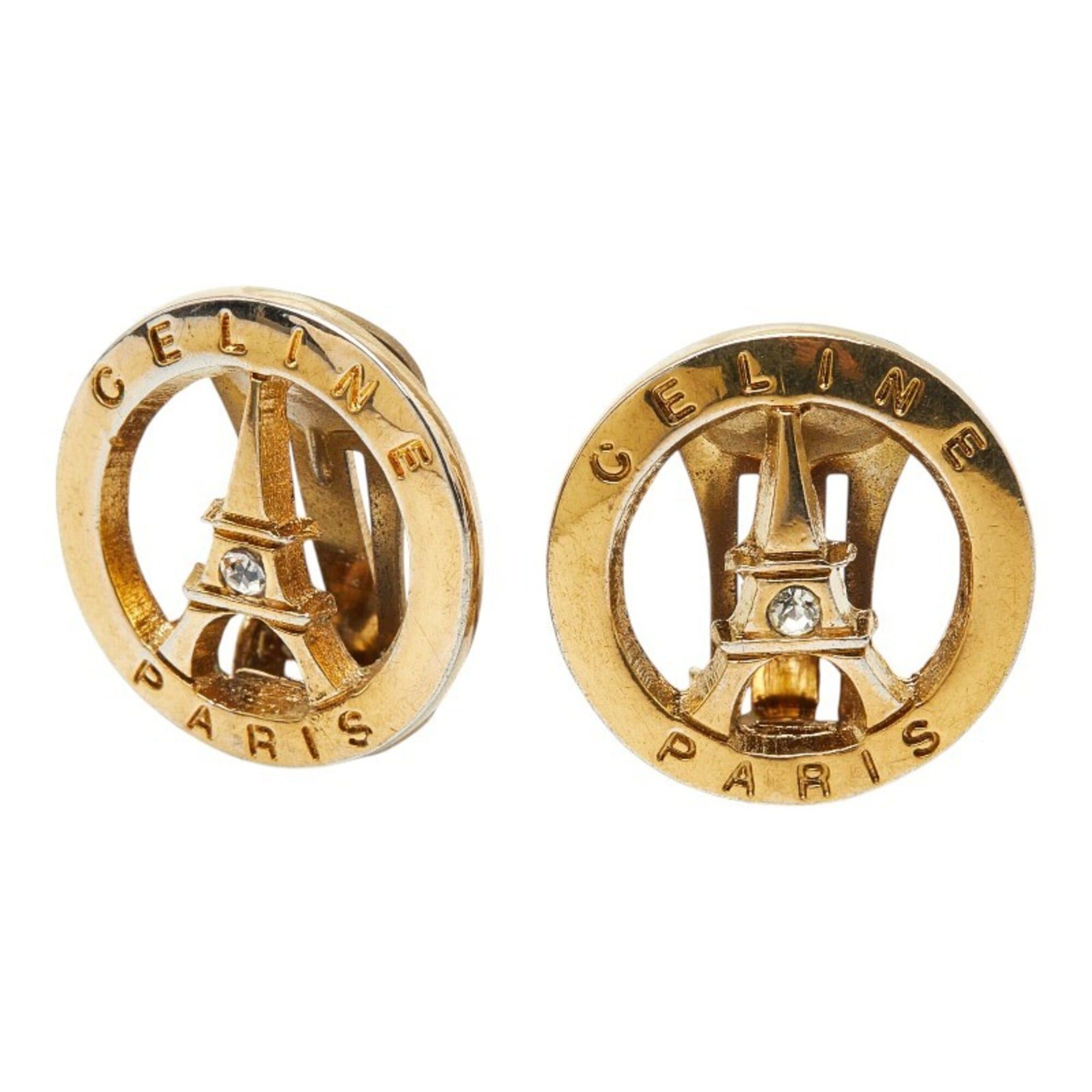 Celine Celine Eiffel Tower motif round earrings, gold plated with rhinestones, for women. Size ONE SIZE - 1 Thumbnail