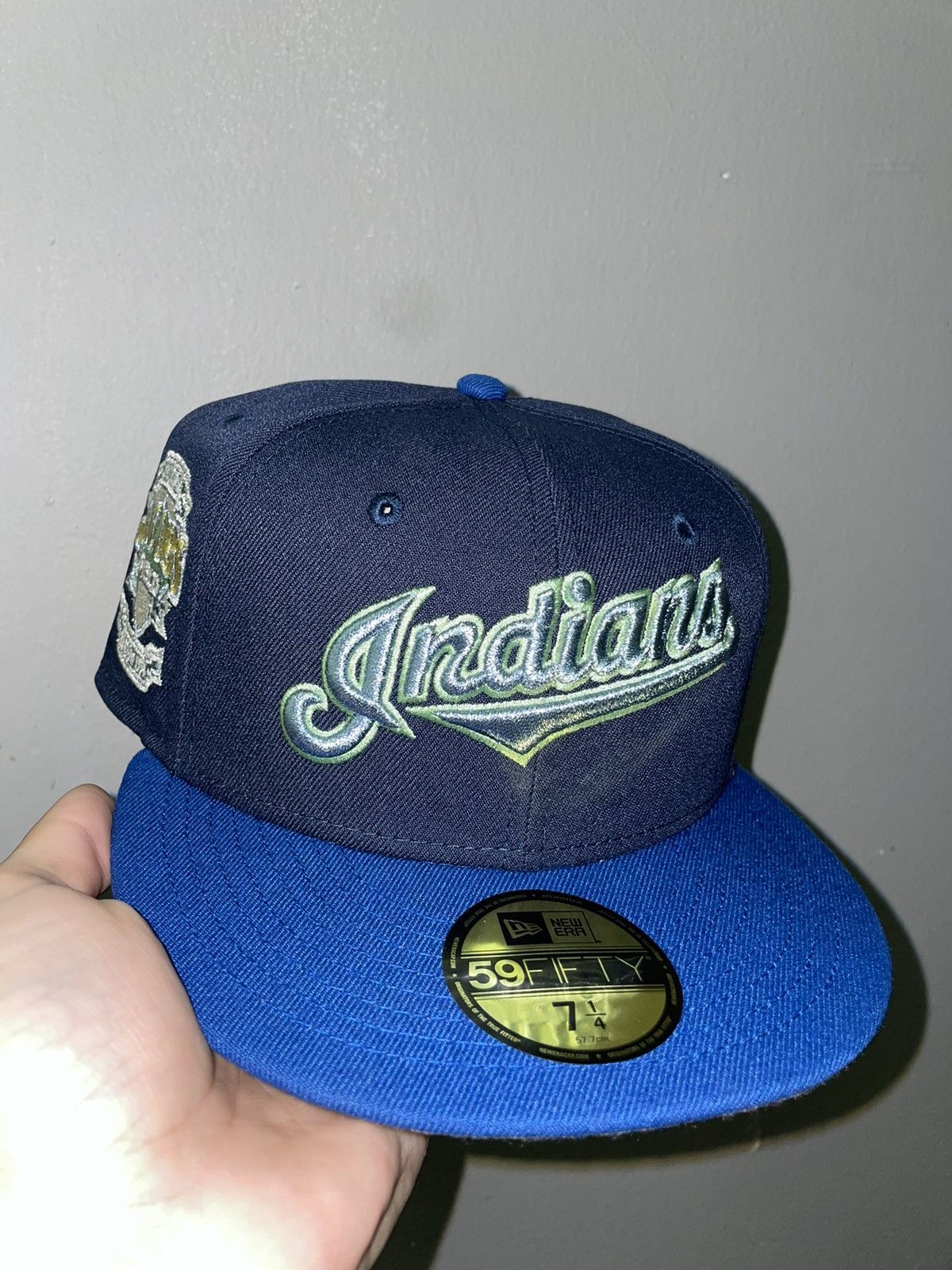 image of Hat x New Era Home Game Cleveland Indians Script Logo Jacobs Field Patch in Blue, Men's