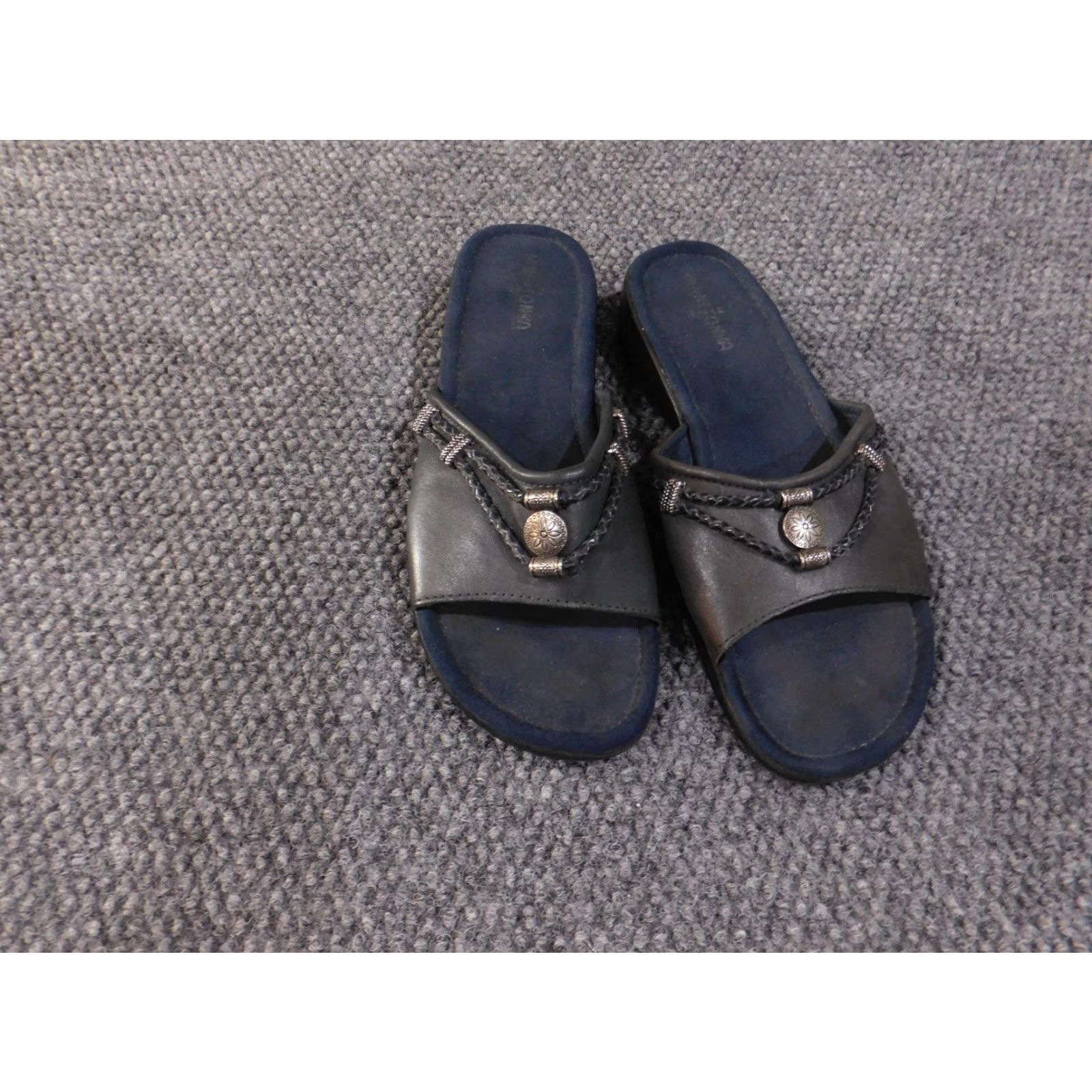 Minnetonka VINTAGE Minnetonka Sandals Womens Slide Sandal Navy 10 M Cushioned Slip On Wedge Braided Conchos Metal Medallion Size US 10 / IT 40 - 3 Thumbnail