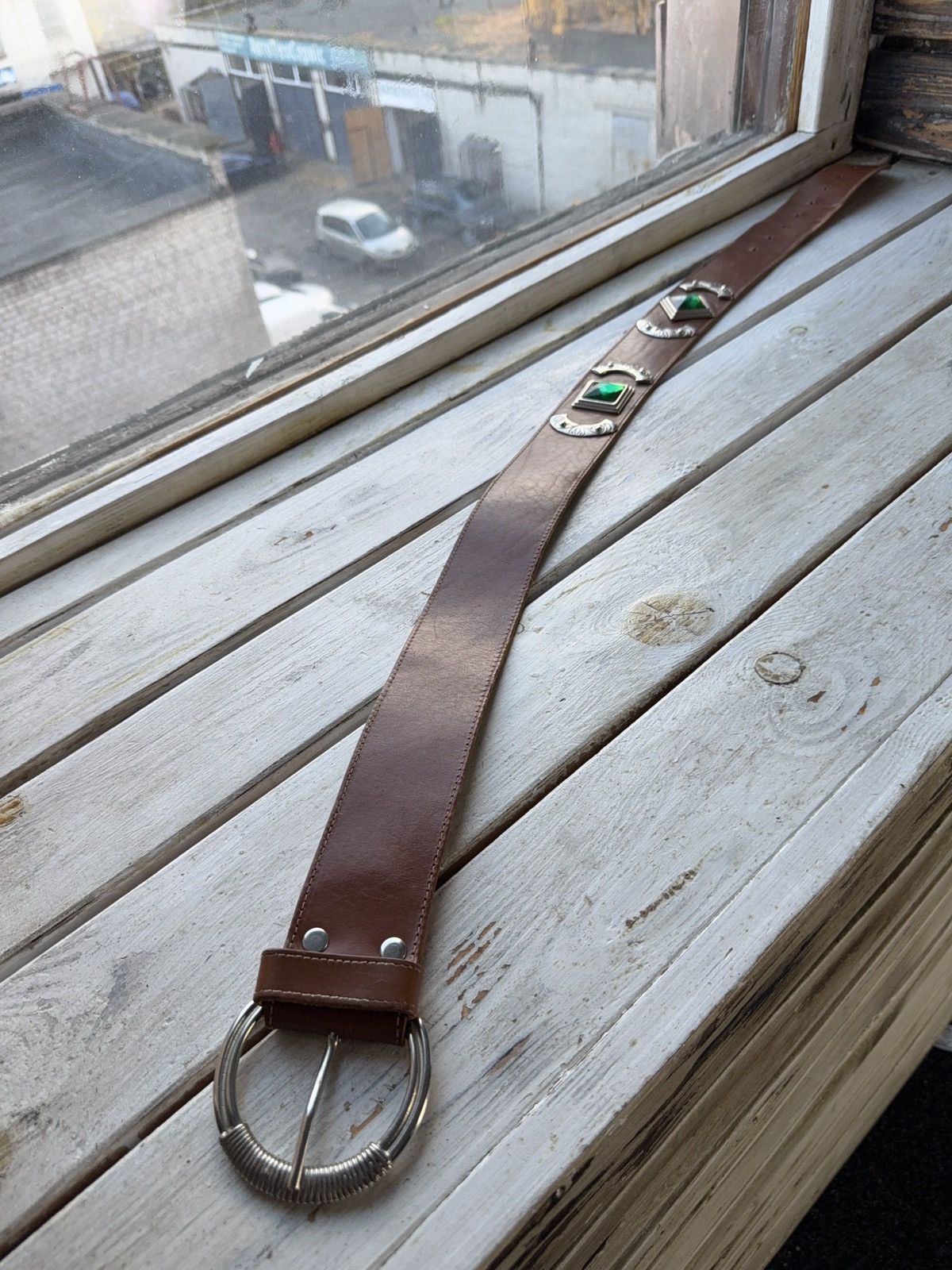 Japanese Brand Western Brown Leather Belt Green Gem Silver Details Size ONE SIZE - 1 Thumbnail