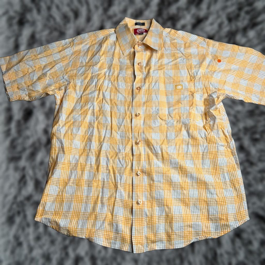 Ecko Unltd. Ecko Unltd Men’s Short Sleeve Button-Up Shirt Yellow Plaid 100% Cotton M Regular Mens Size US M / EU 48-50 / 2 - 1 Thumbnail