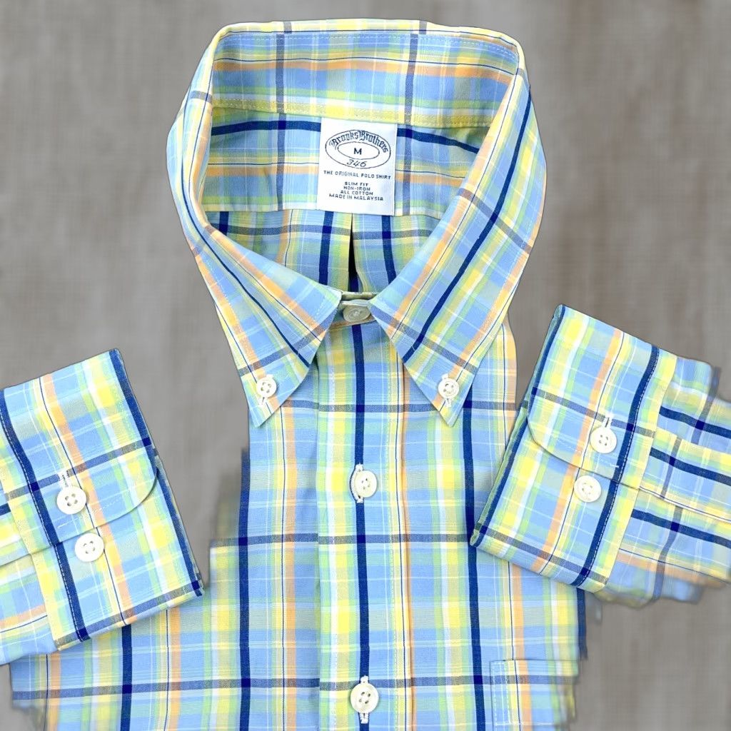 Brooks Brothers VINTAGE Brooks Brothers Shirt Men Medium Yellow Blue Plaid Button Up Slim Fit 346 Dress Size 40R - 1 Thumbnail