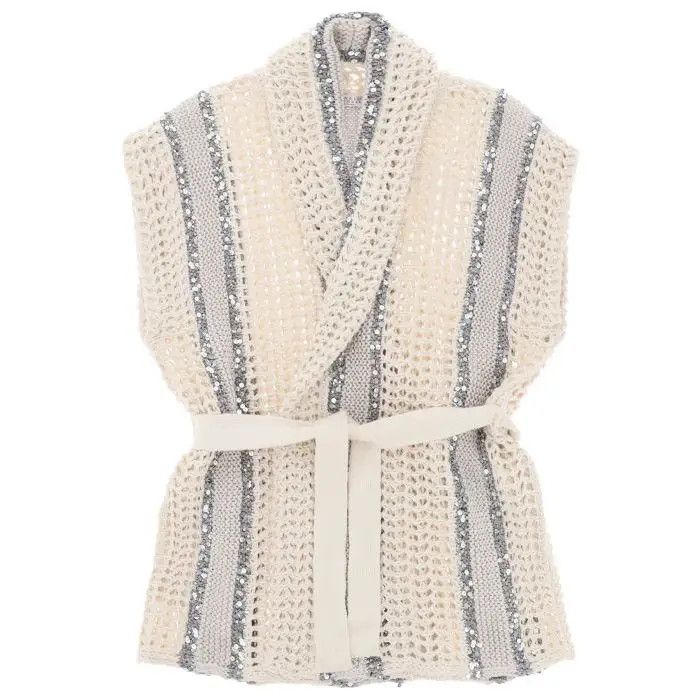 image of Brunello Cucinelli O1S22I1N0424 Dazzling Stripe Cardigan In Beige, Women's (Size Medium)