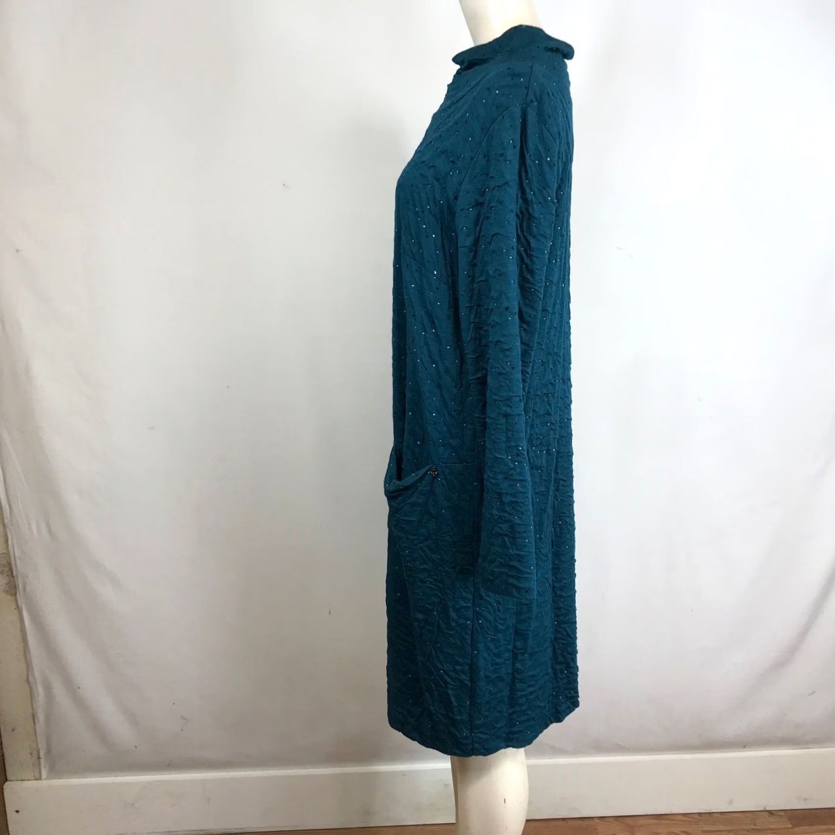 Altea Qneel Midi Dress Teal Textured Mock Neck Long Sleeve Sparkle Accents Women Size L / US 10 / IT 46 - 6 Thumbnail