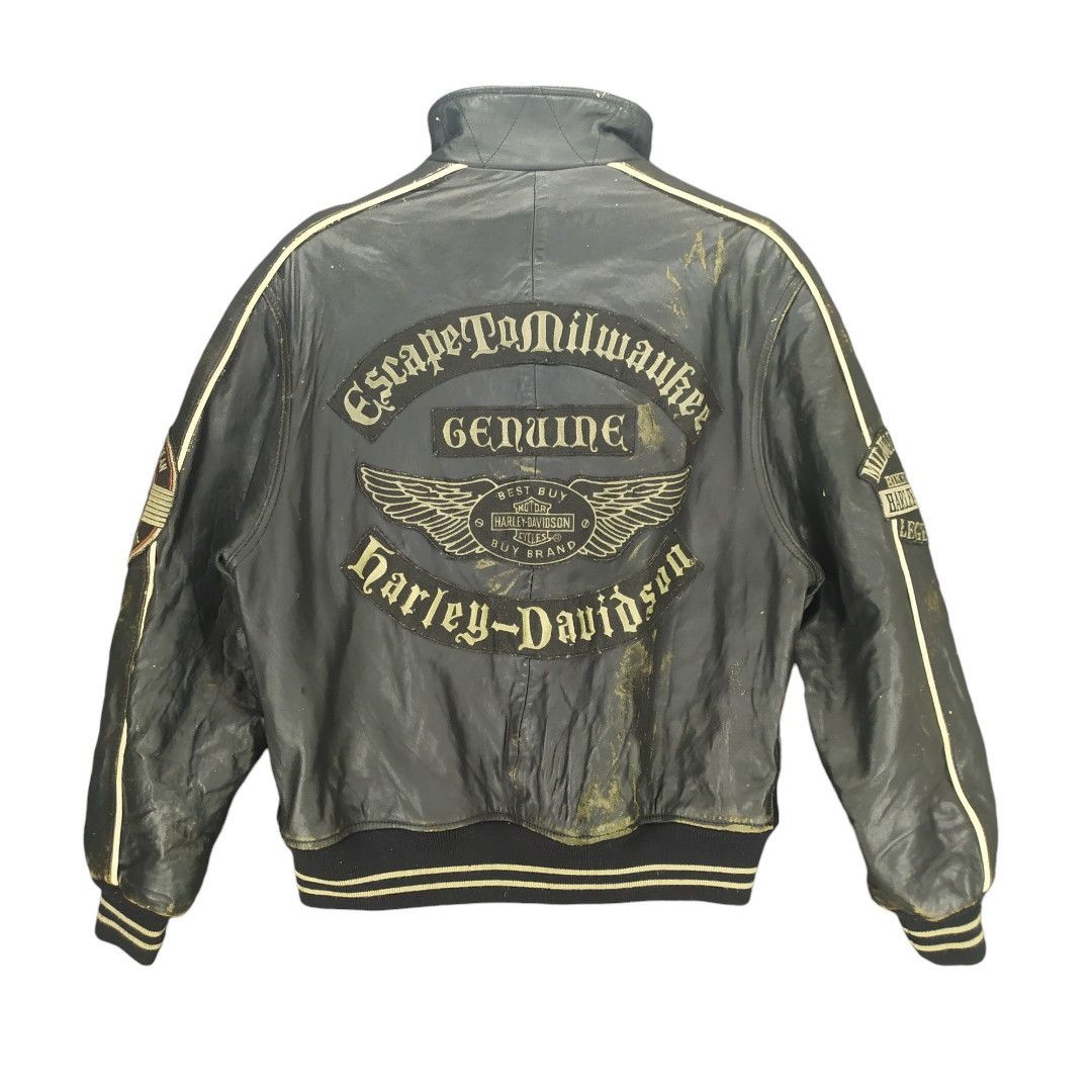 image of Harley Davidson Trashed 80's Hd Patches Big Logo Leather Jacket 949 in Black, Men's (Size Medium)