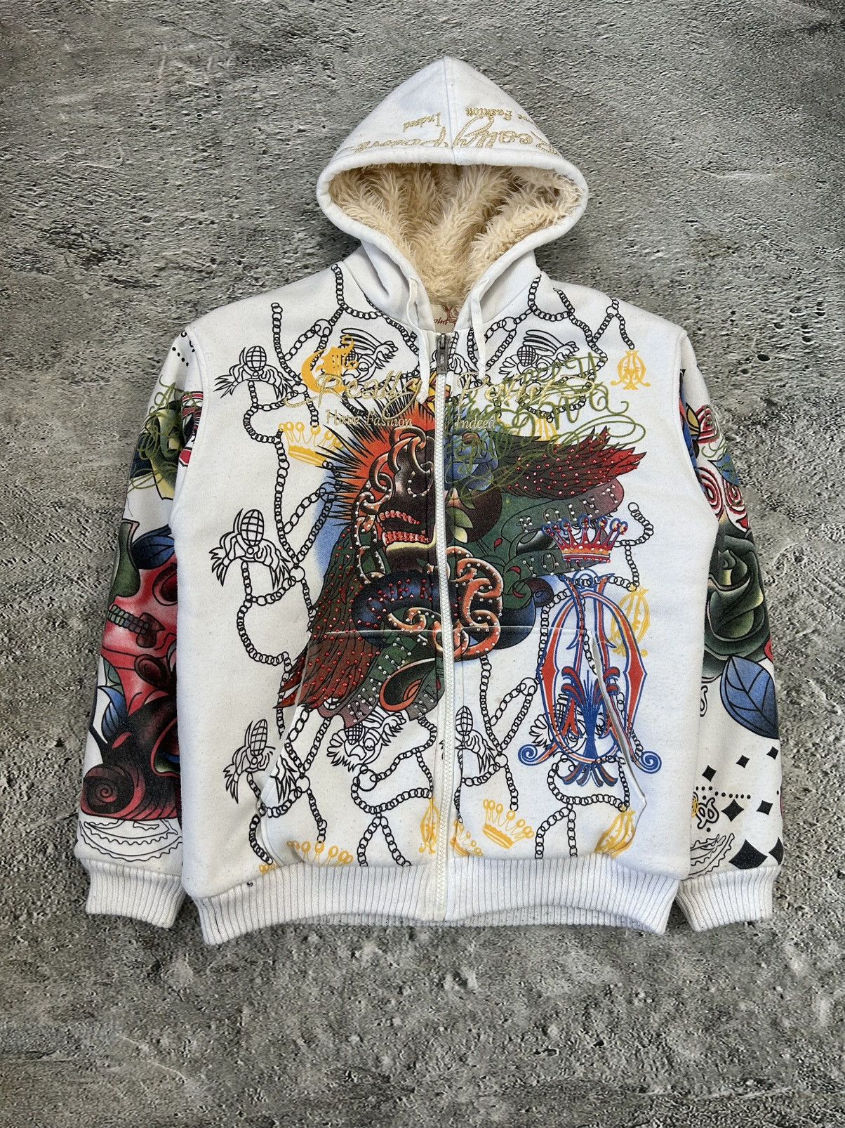 Christian Audigier Really Point Y2K vintage zip hoodie white fur Ed ...