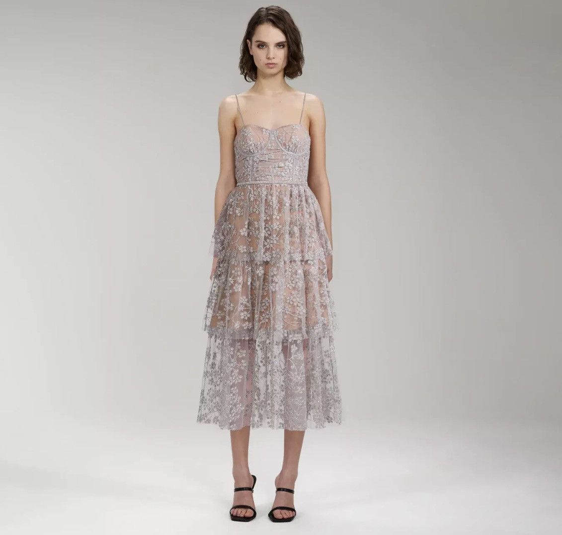 Self-Portrait Self-Portrait Embroided Blossom Midi Dress Silver Grey Size M / US 6-8 / IT 42-44 - 1 Thumbnail