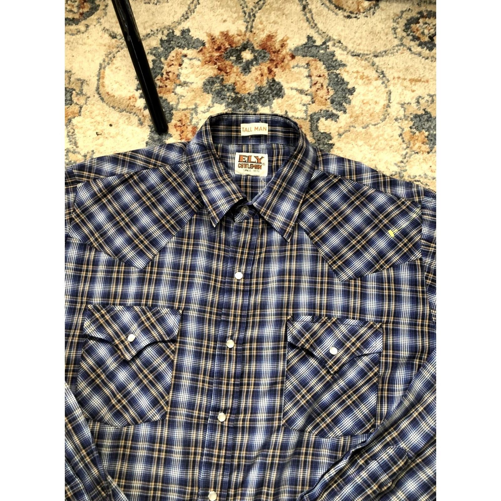 Vintage ELY Cattleman Shirt Mens LT Tall Blue Plaid Western Pearl Snap Cowboy Shirt Size US L / EU 52-54 / 3 - 6 Thumbnail