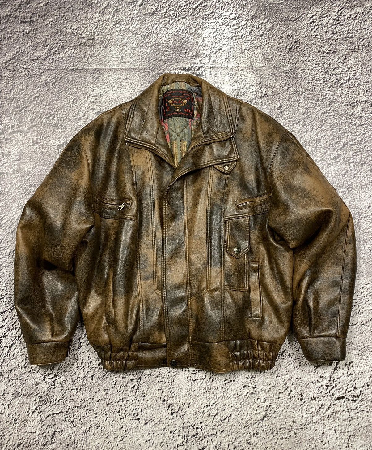 Image of Brown Washed Avant Garde Leather Jacket Bomber, Men's (Size XL)