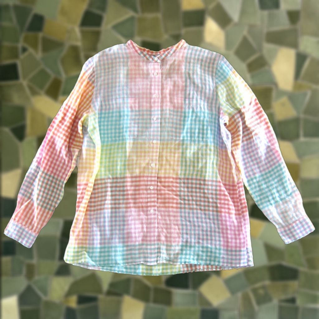 Lands' End Lands End 100% Linen Pink Green Yellow Plaid Pocket Button Long Sleeve Blouse XL Size XL / US 12-14 / IT 48-50 - 1 Thumbnail