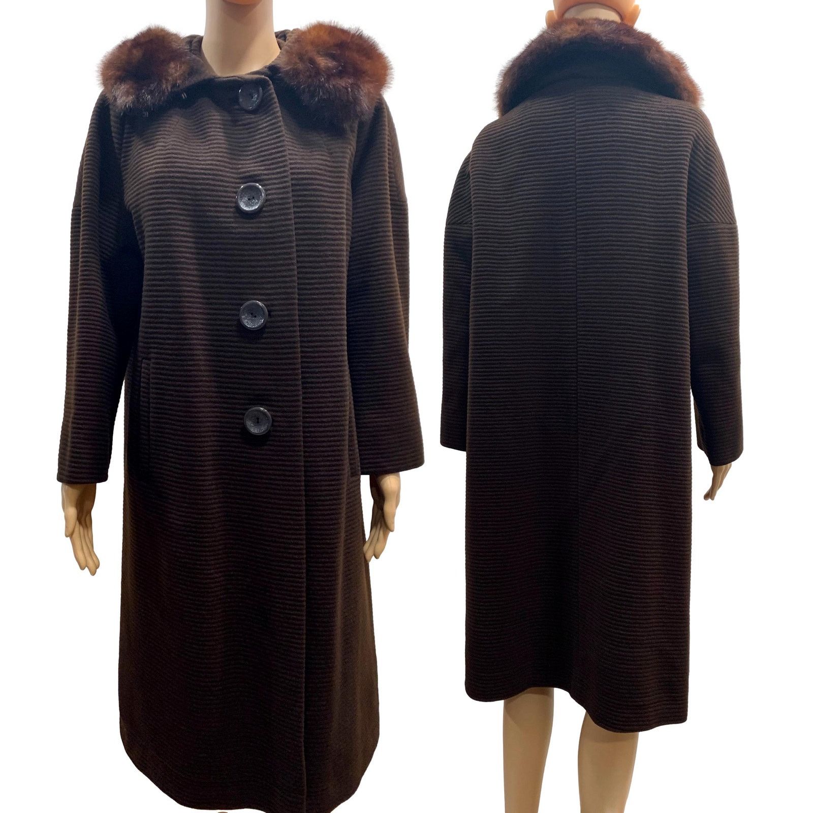 Vintage 60s Brown Ribbed Wool Coat w Mink Collar | Small Size S / US 4 / IT 40 - 10 Thumbnail