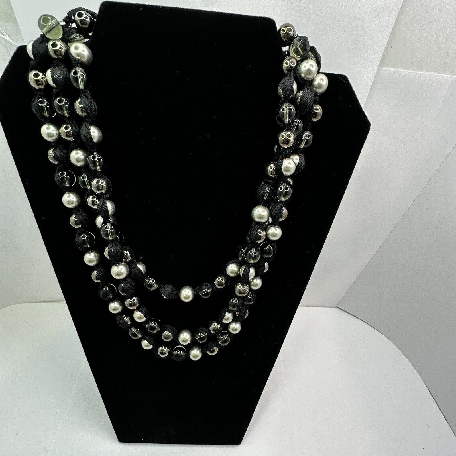 Other MultiStrand Ribbon Necklace Silver Blk Clear Glass Beads 22" Size ONE SIZE - 5 Thumbnail