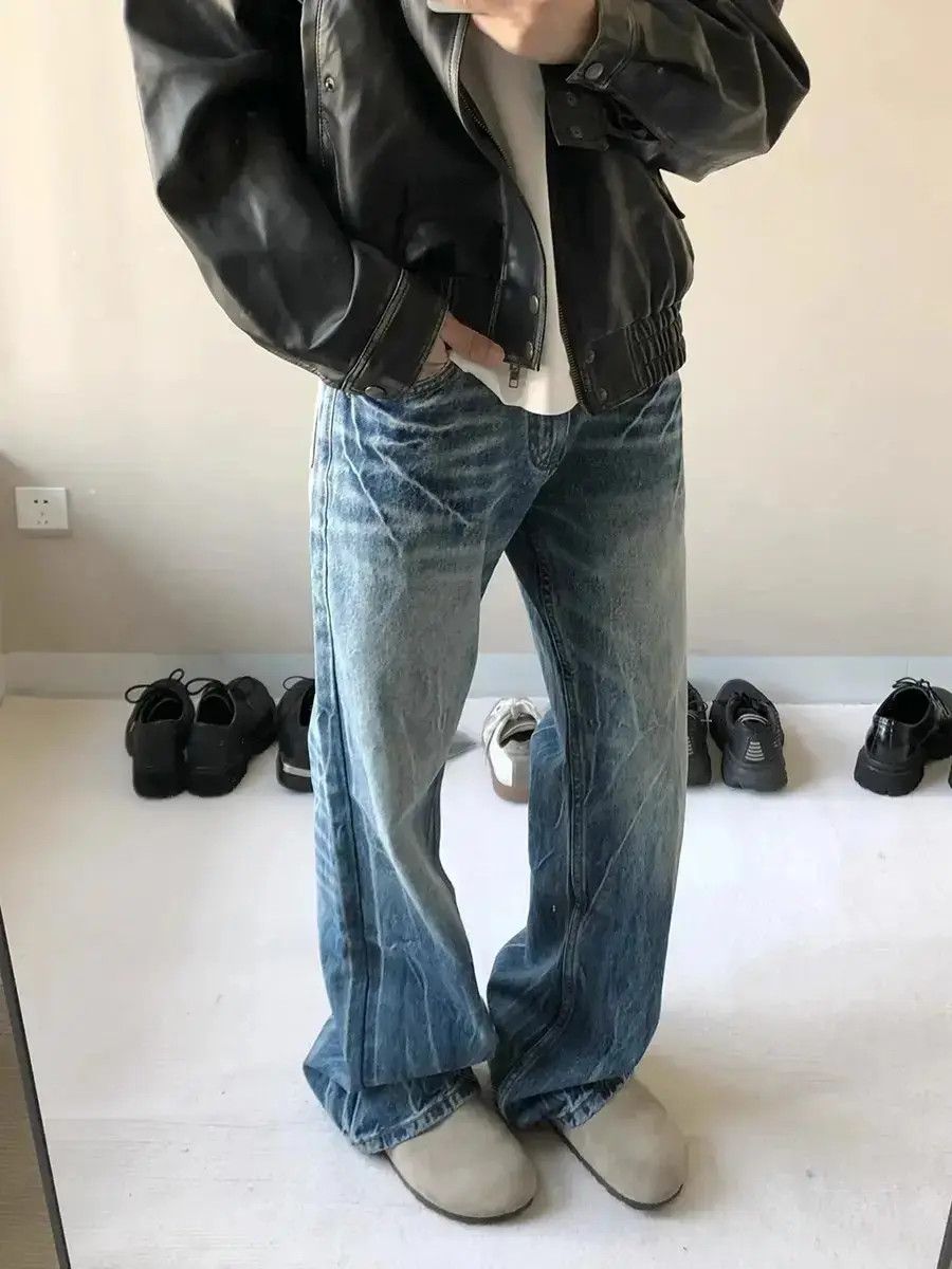 Japanese Brand Retro loose straight leg lightning cracked jeans Size US 32 / EU 48 - 4 Thumbnail