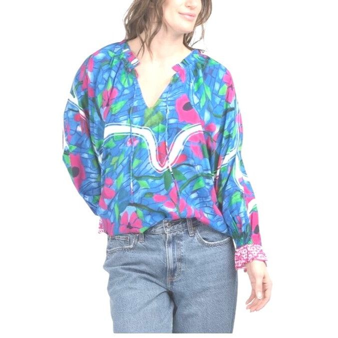 Other Celina Moon Womens Blue Pink Vibrant Floral Print V Neck Lon Size S / US 4 / IT 40 - 1 Thumbnail